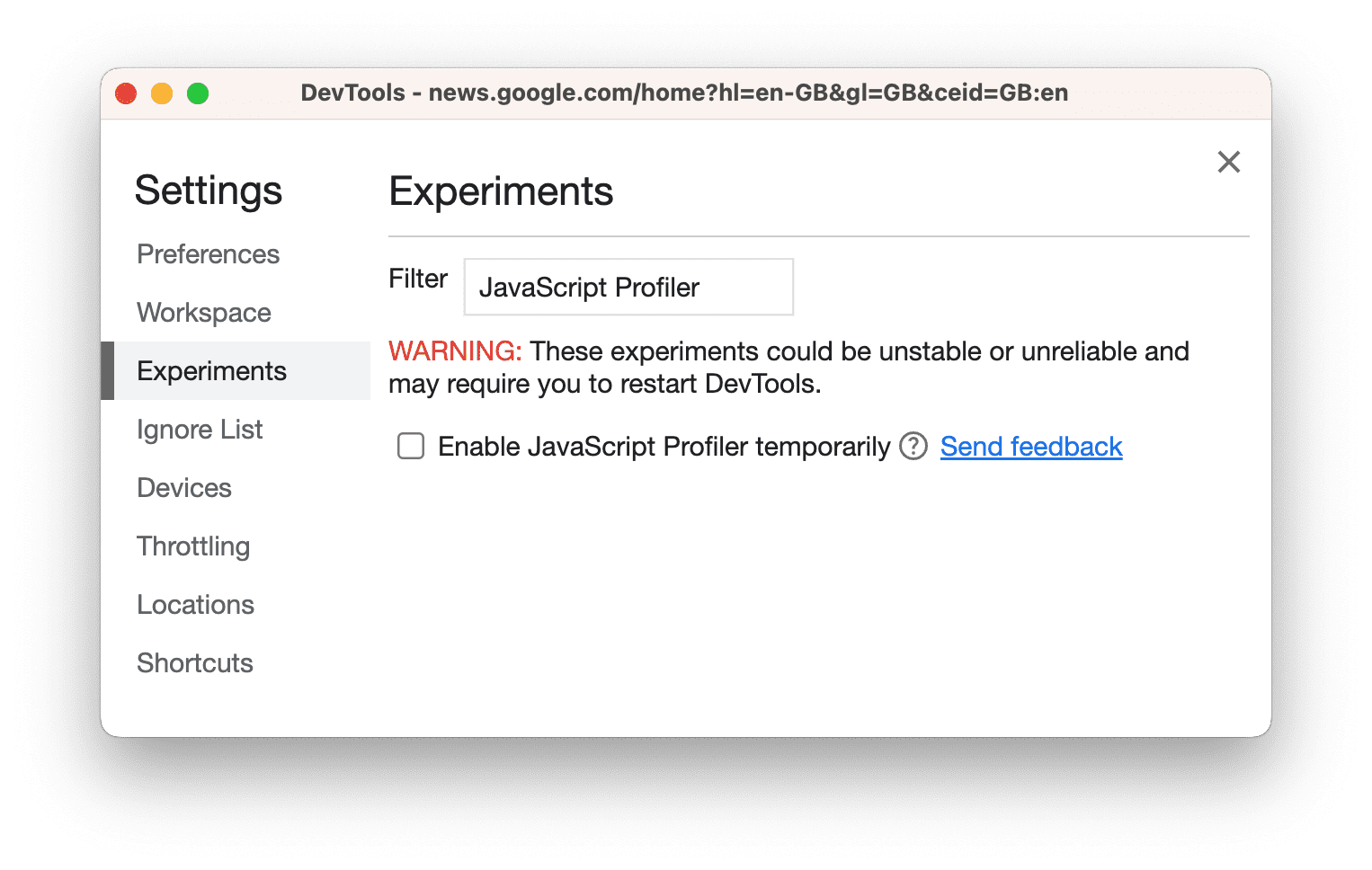 Zaznacz pole wyboru programu profilującego JavaScript w sekcji Ustawienia, a potem Eksperymenty.