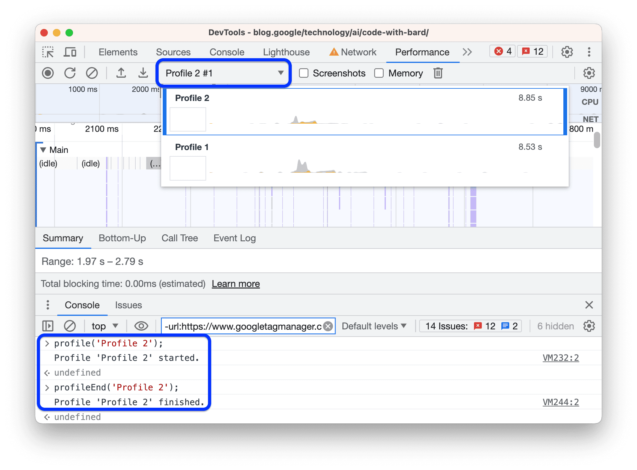 הפקודה console() יוצרת פרופיל בחלונית &#39;ביצועים&#39;.