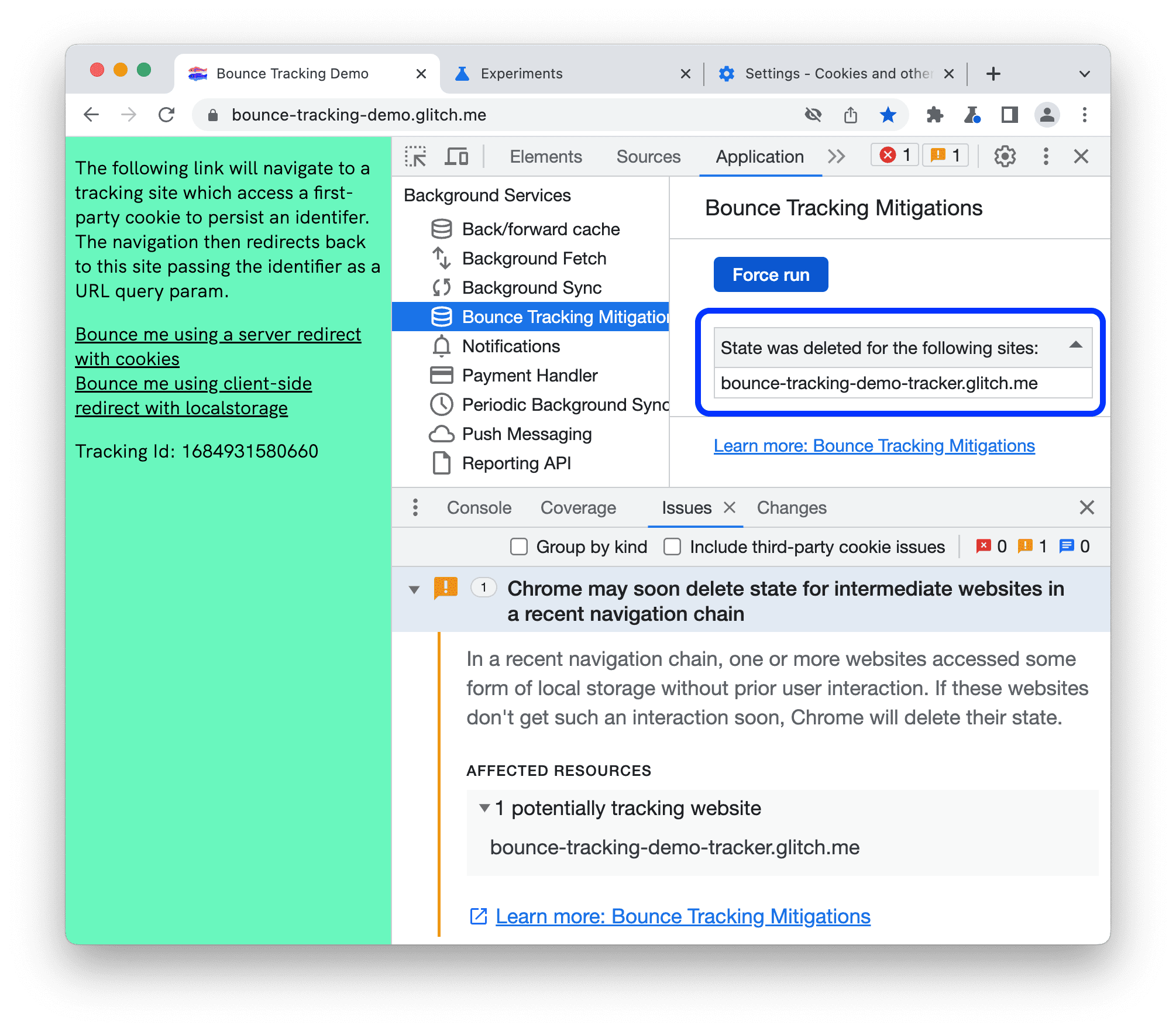 ב-Bounce Tracking Mitigations מופיע מחיקה של מצב.