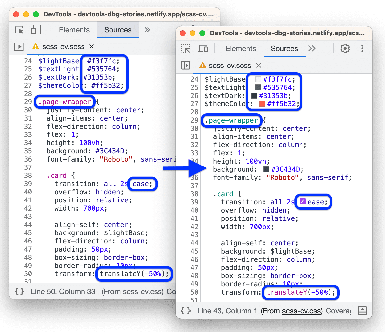 Amélioration de la coloration syntaxique CSS et prise en charge des éditeurs intégrés dans Sources.