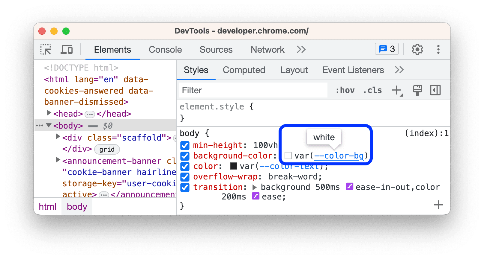 La información sobre herramientas con un valor de la propiedad CSS personalizada.