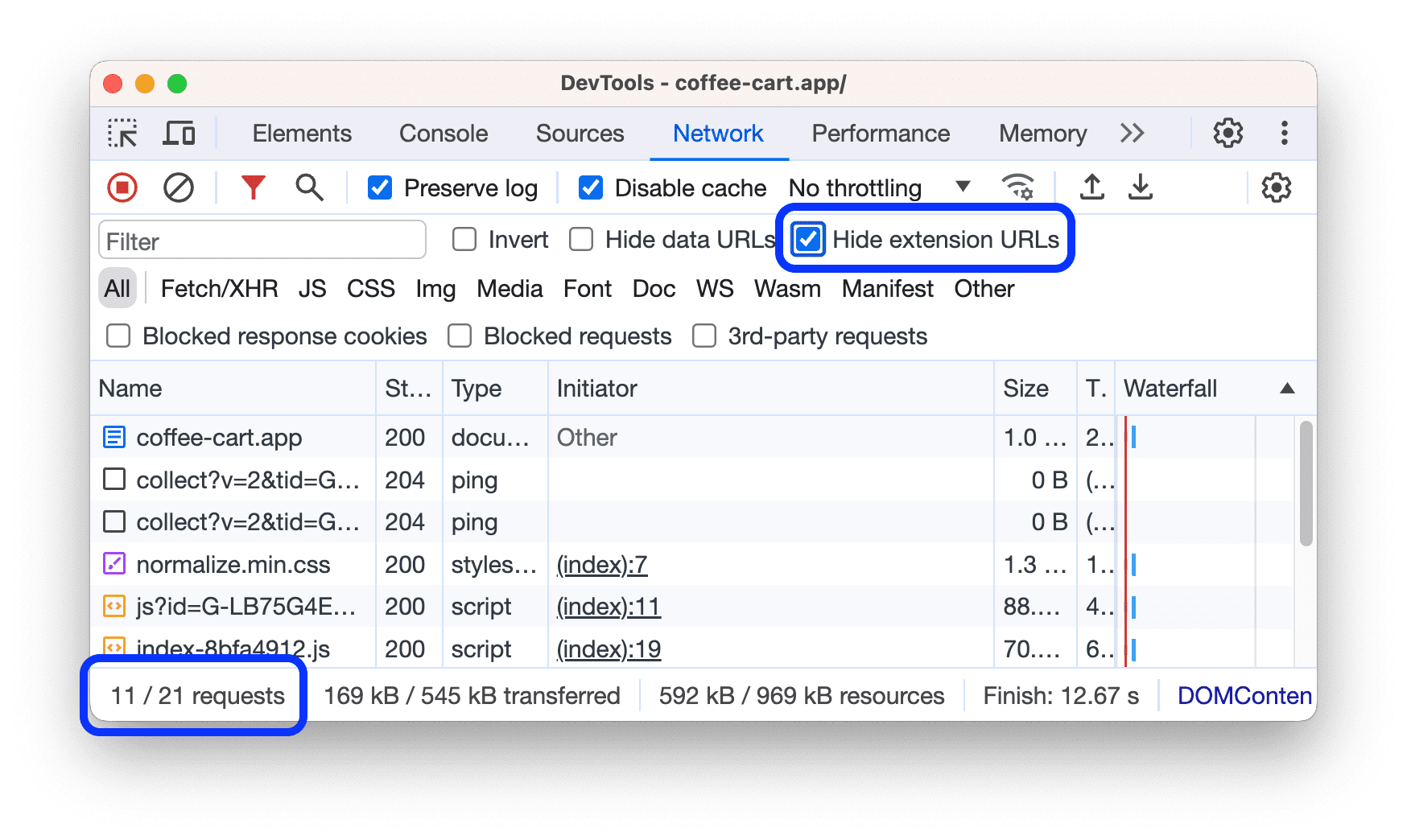 Extension URLs hidden from the requests table.