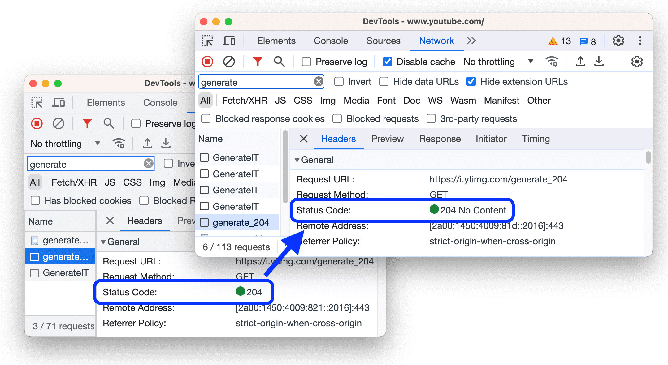 人間が判読できる HTTP ステータス コードの表示前と表示後。