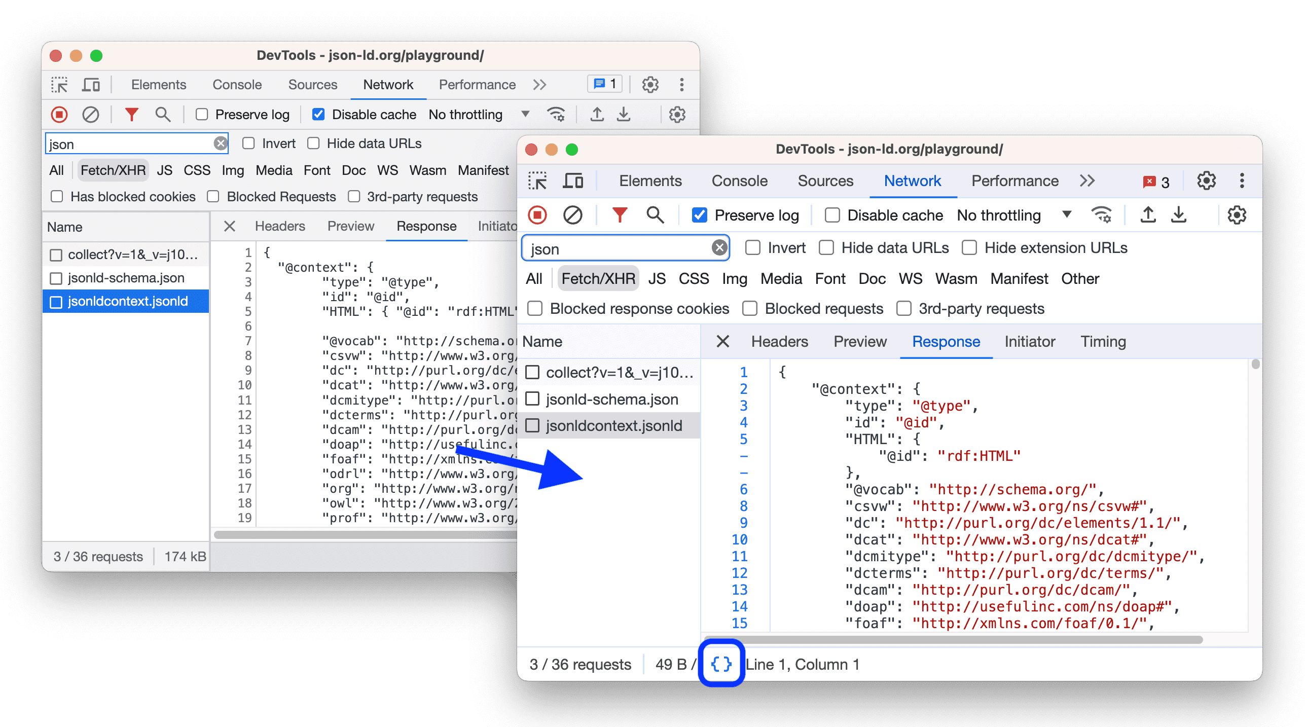 Bir ağ yanıtı önizlemesinde uygulama/json alt türünü ayrıştırmadan önce ve sonra.