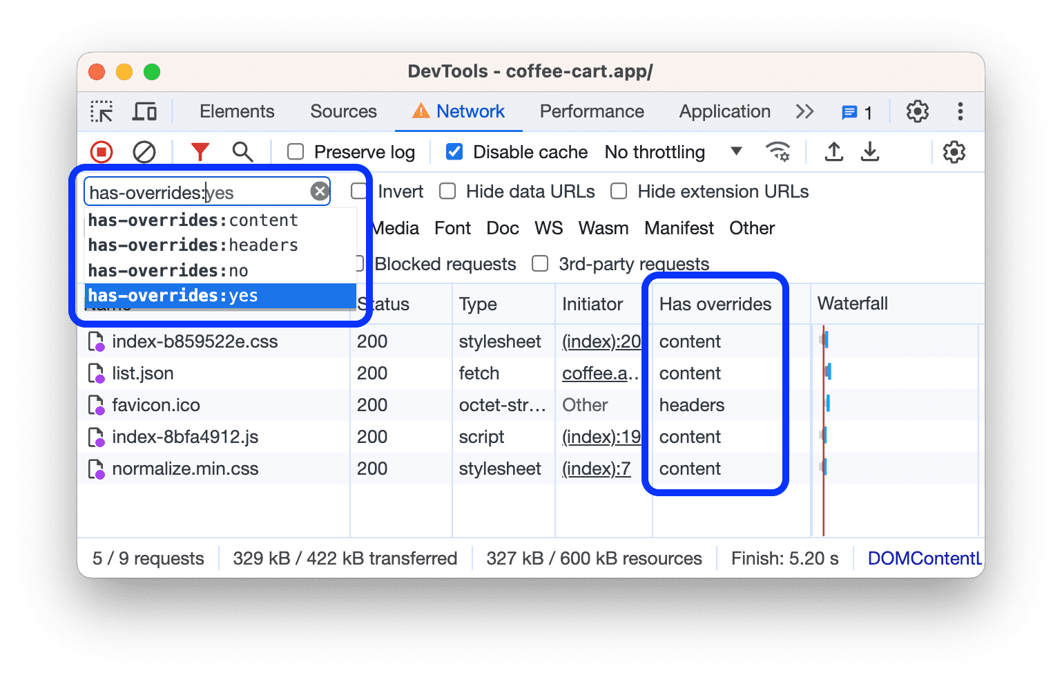 การกรองค่า &quot;has-overrides:yes&quot; ในคอลัมน์ &quot;Has overrides&quot;