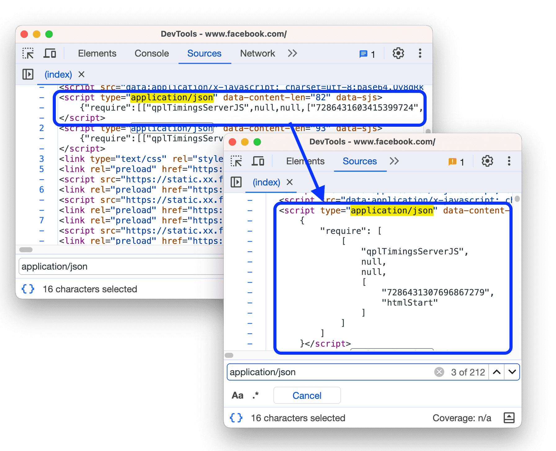 Dane JSON wbudowane w tag skryptu przed i po ładnym wydrukowaniu.