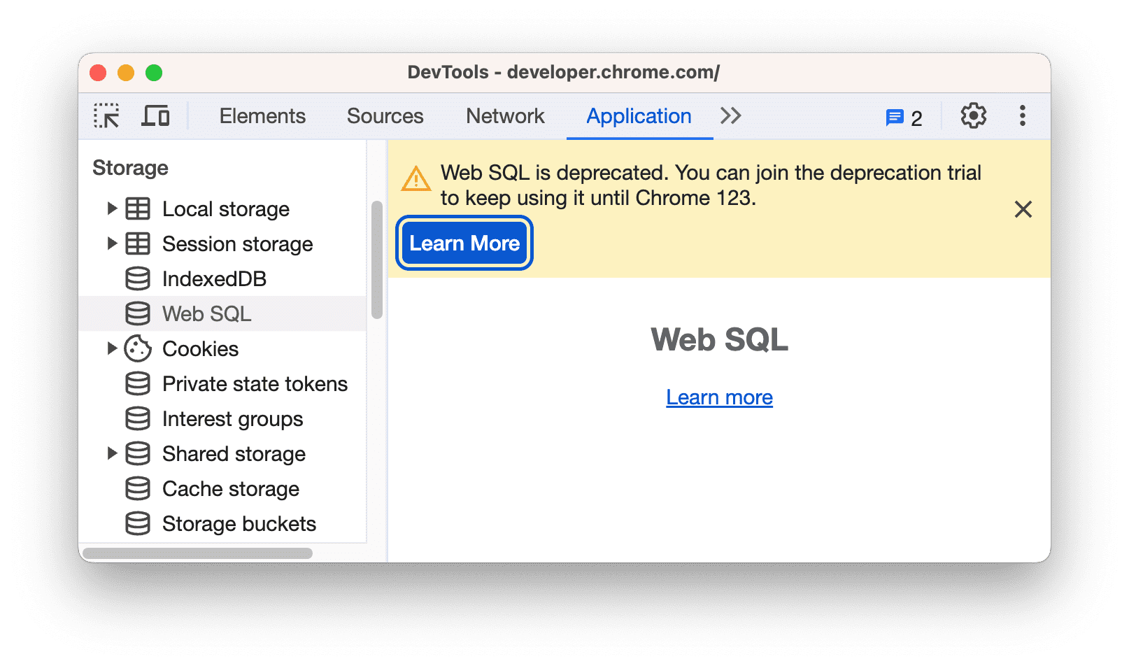 Web SQL のサポート終了に関する警告。