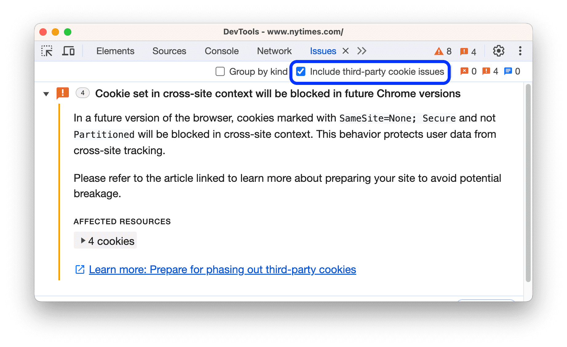 「Issues」分頁中顯示的警告，提醒您第三方 Cookie 即將停用。