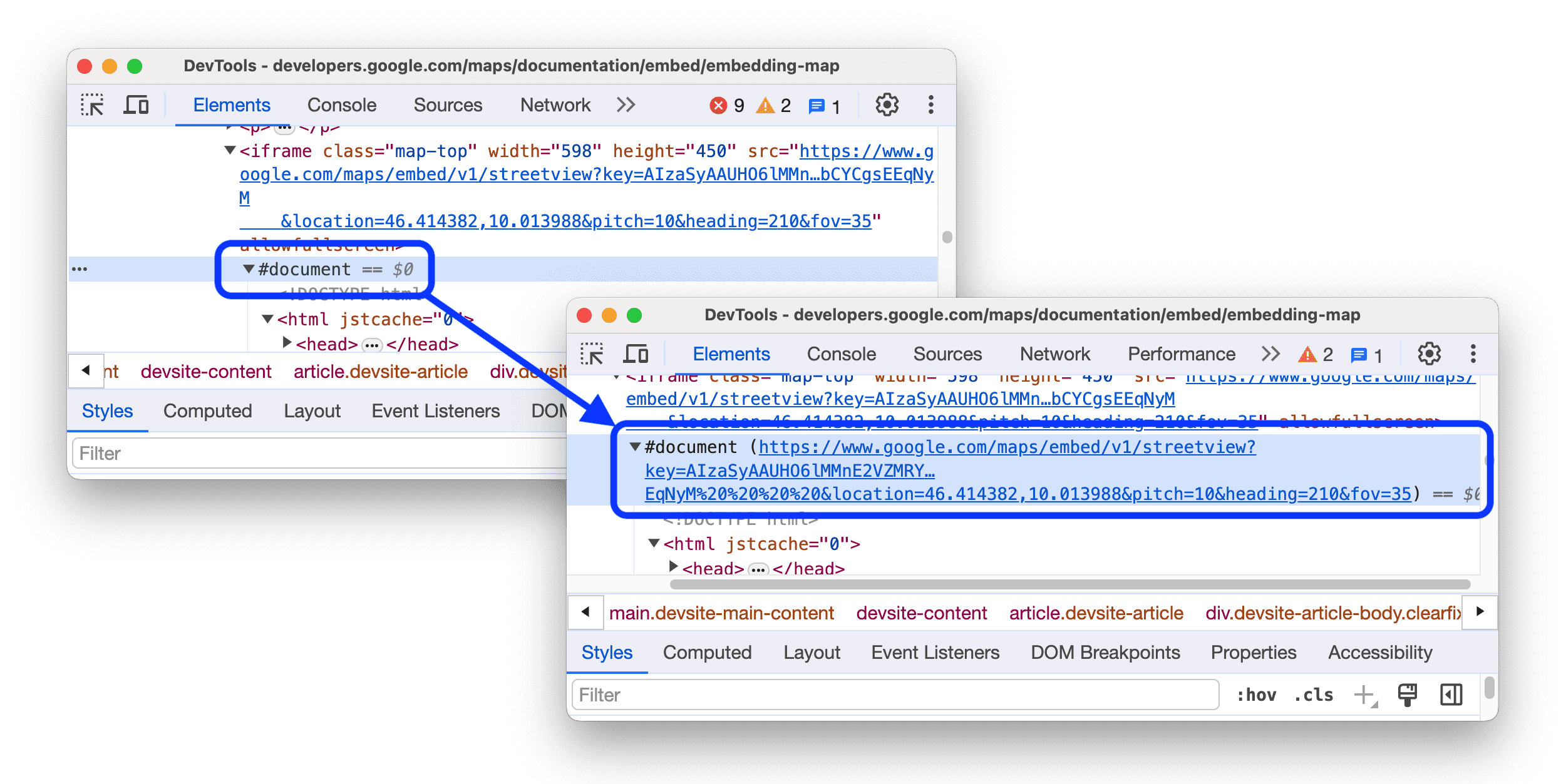 Przed i po pokazuje adres URL dokumentu obok węzła #document.