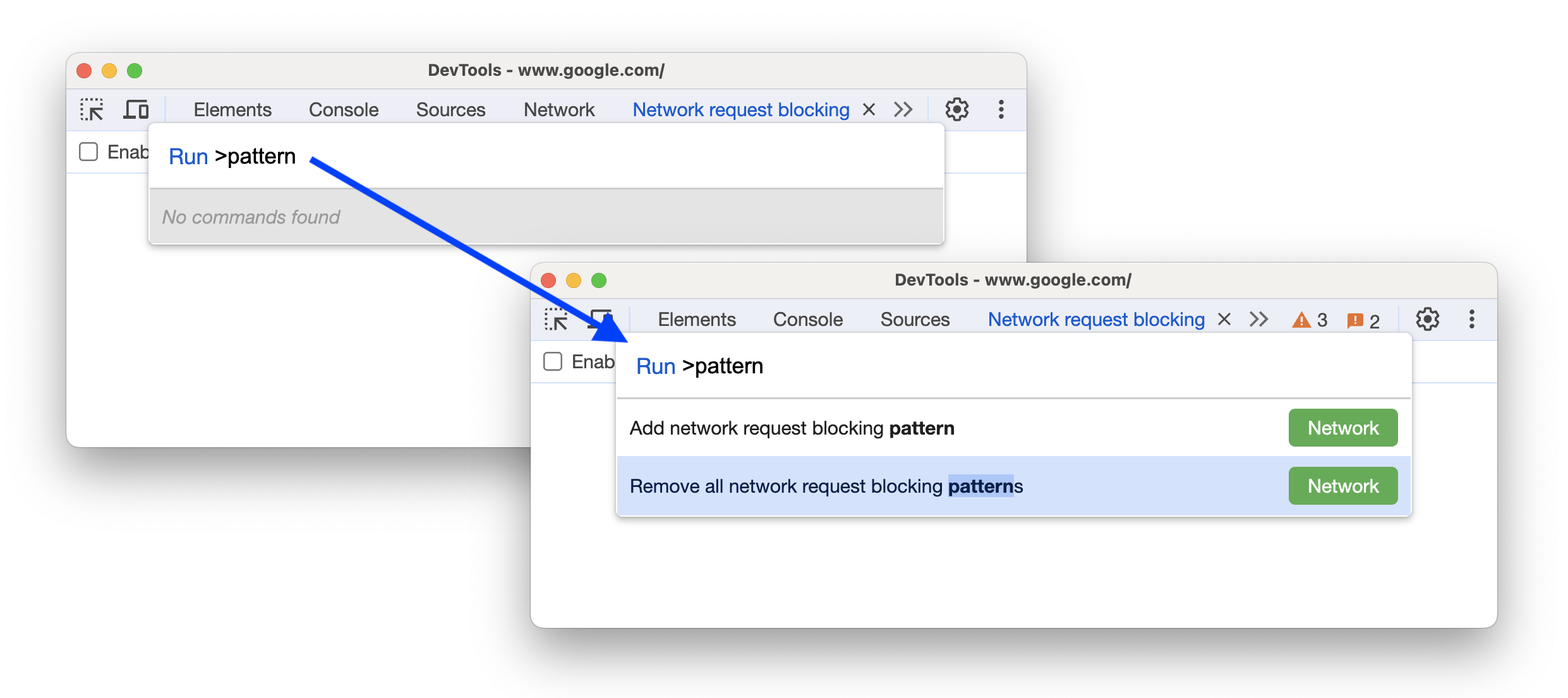 ネットワーク ブロッキング パターンを追加または削除する新しいコマンドを追加する前と後。