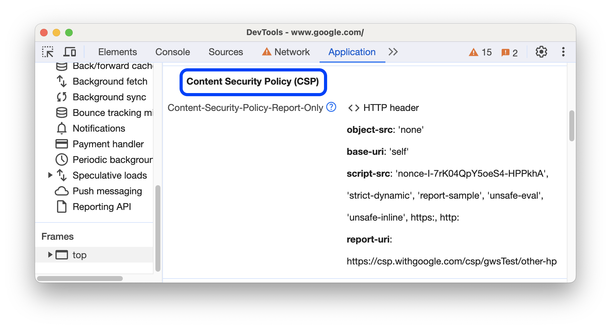 La Content Security Policy dans le panneau &quot;Application&quot;.