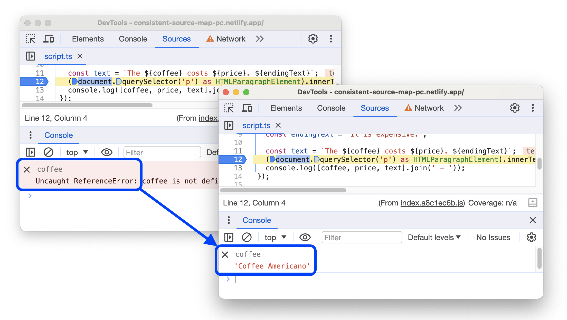 État avant et après l&#39;évaluation des variables d&#39;origine en tant qu&#39;expressions actives dans la console.