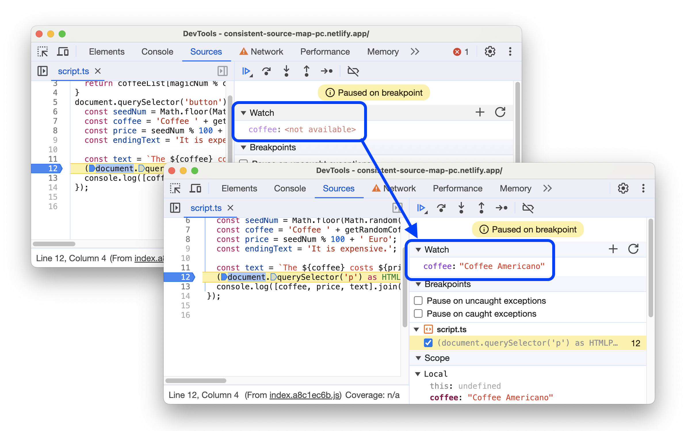 在「Debugger」中，原始變數的「Watch」前後畫面。