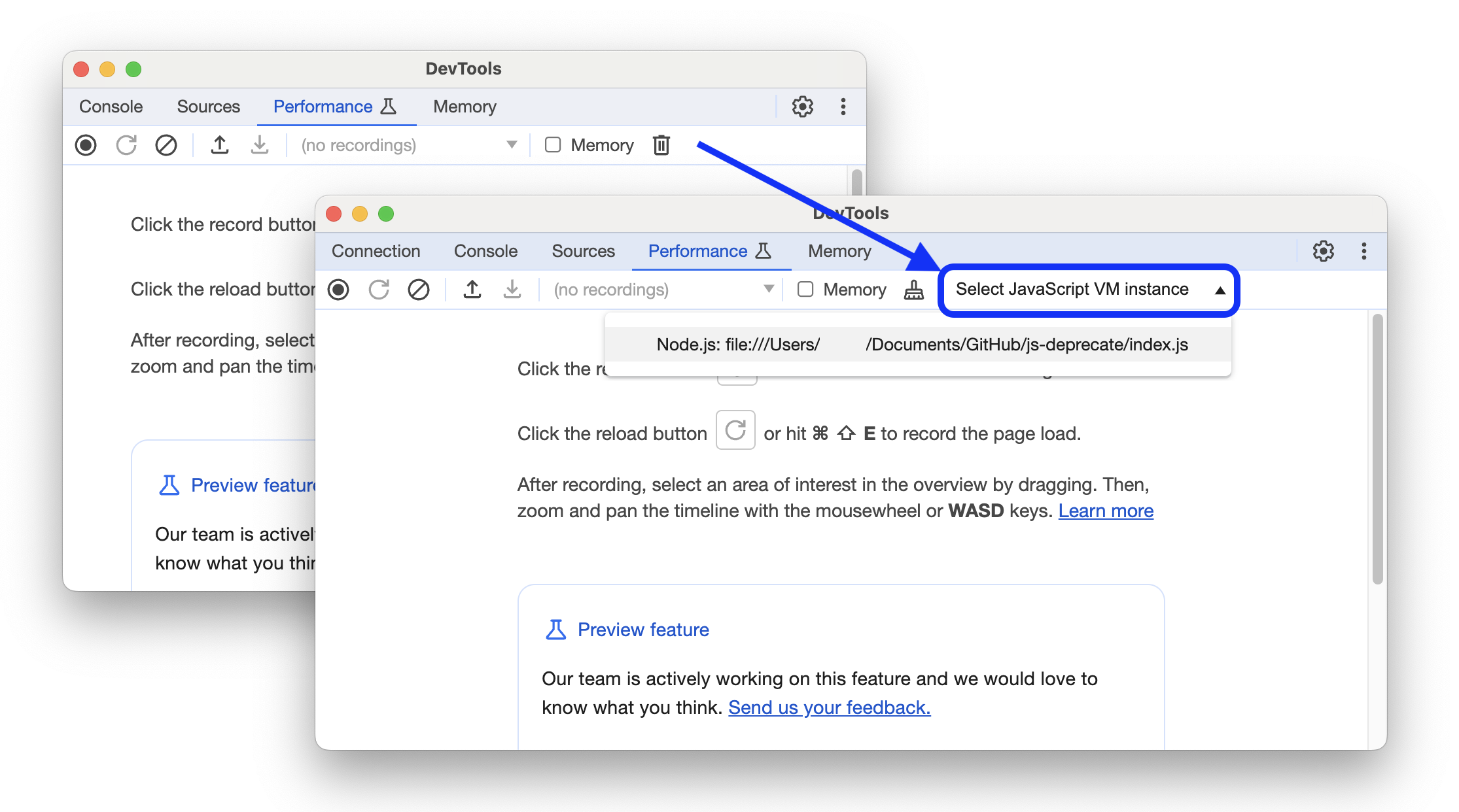 Avant et après l&#39;ajout d&#39;un menu permettant de sélectionner une instance de VM JavaScript.