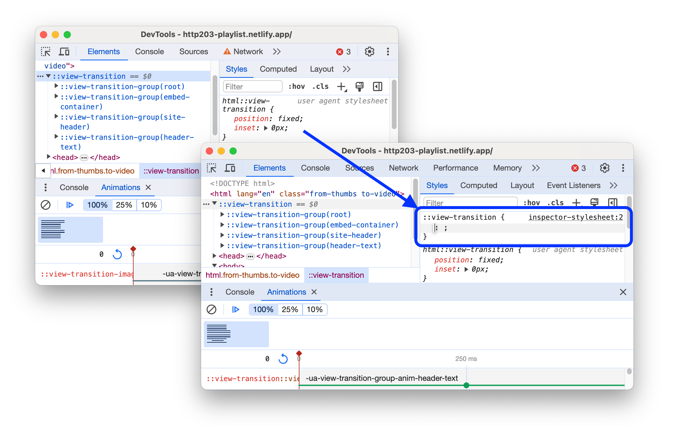 La fonctionnalité de modification avant/après est compatible avec les pseudo-éléments de transition de vue.