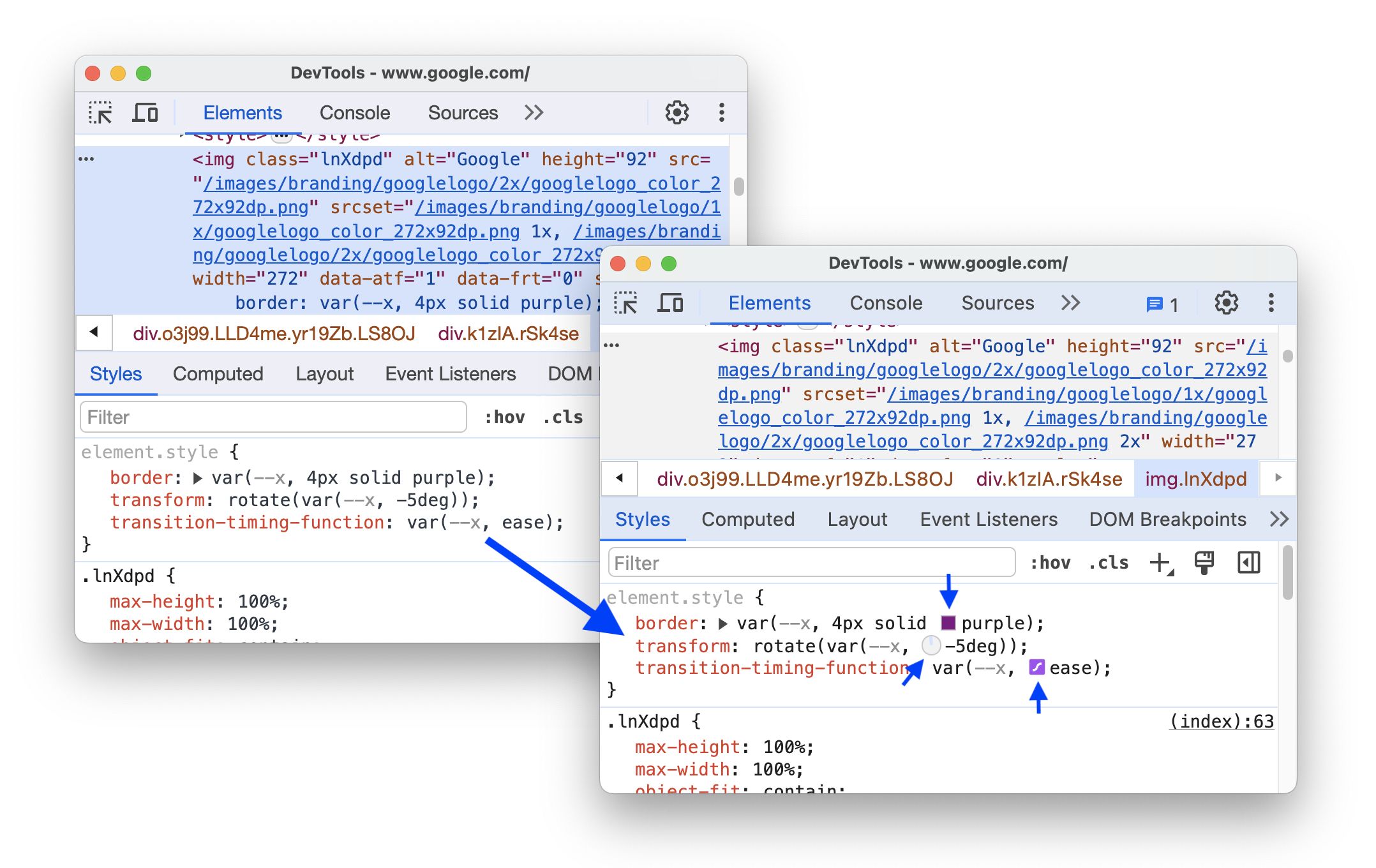 在 var() 備用方案中，顯示色彩挑選器、角度時鐘和 Easing Editor 工具的渲染前後效果。