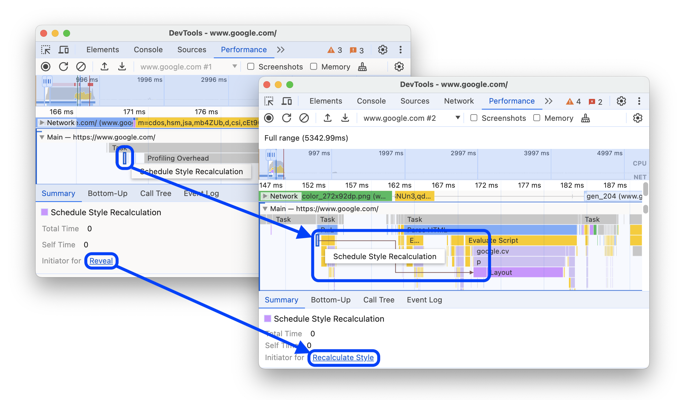 O antes e o depois mostrando setas de eventos selecionados para eventos iniciados e links nomeados em vez de Revelar.