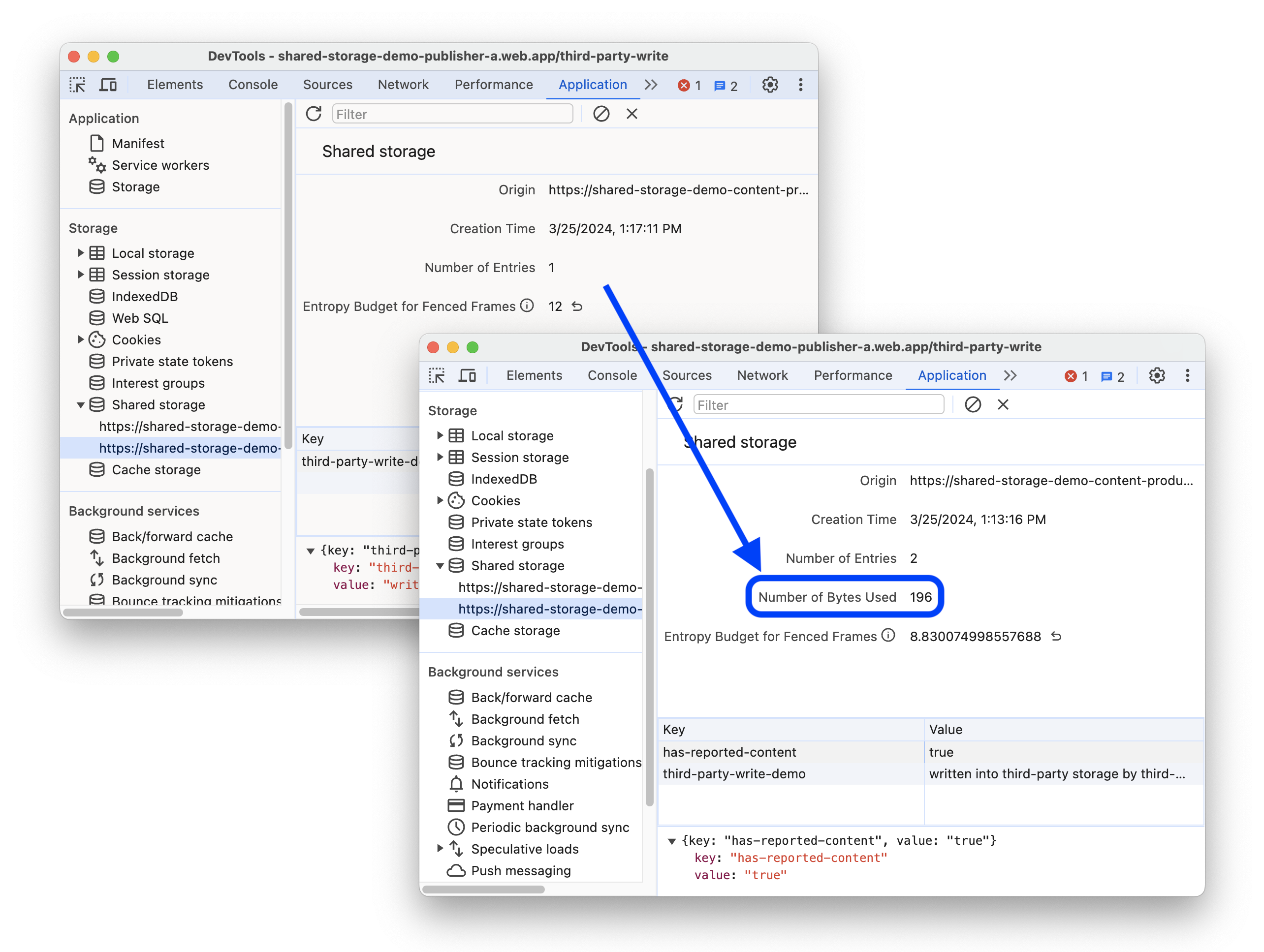 La situazione prima e dopo che mostra quanti byte vengono utilizzati per lo spazio di archiviazione condiviso.