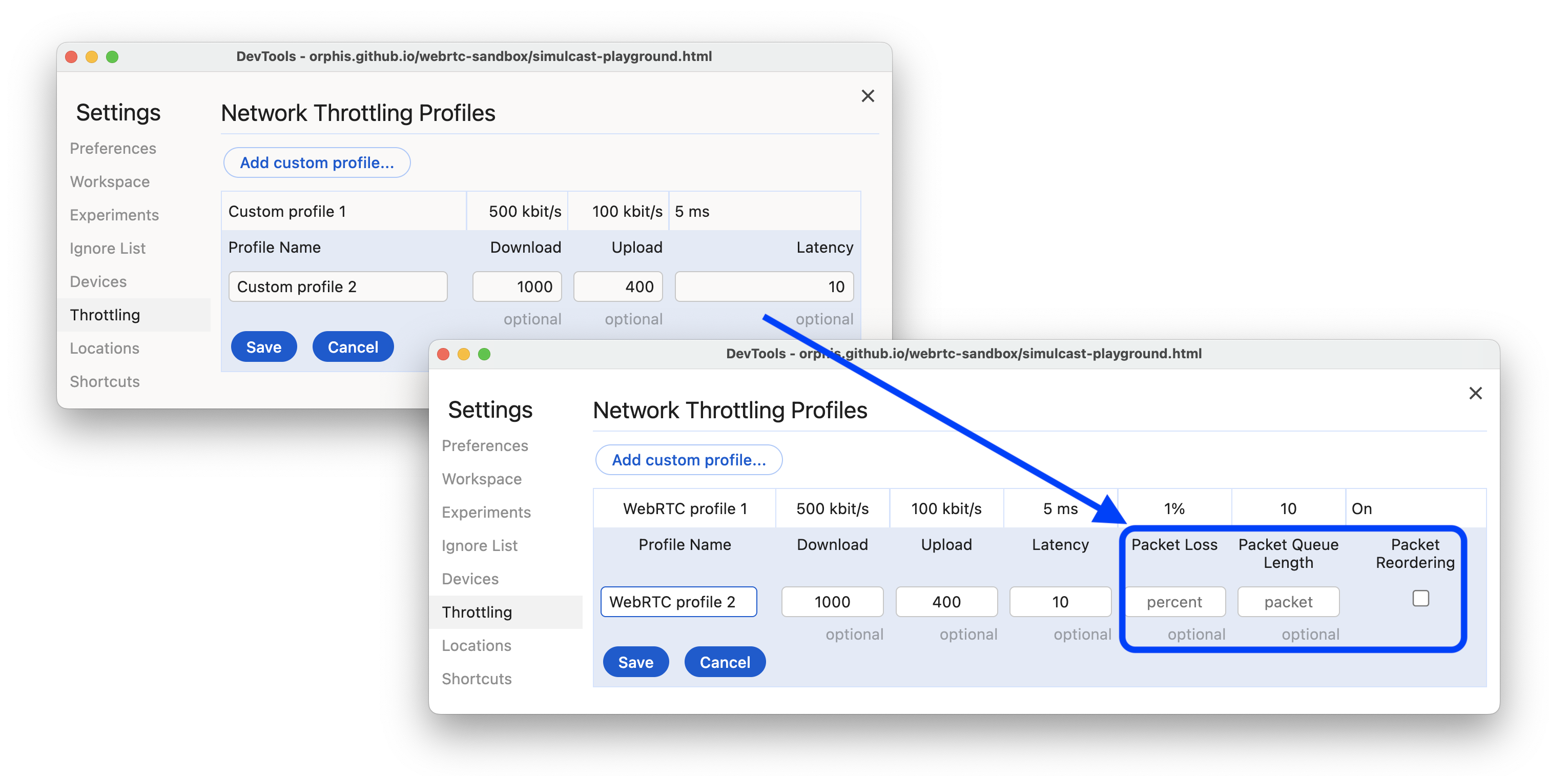 La situazione prima e dopo l&#39;aggiunta di nuove opzioni relative ai pacchetti ai profili di throttling personalizzati.