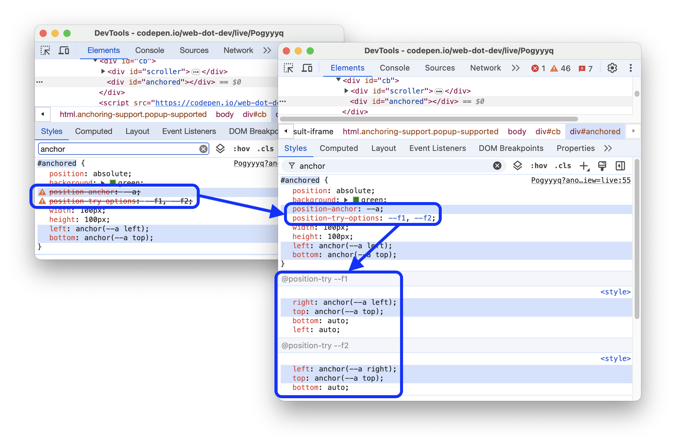 @position-try CSS 규칙을 지원하기 전과 후