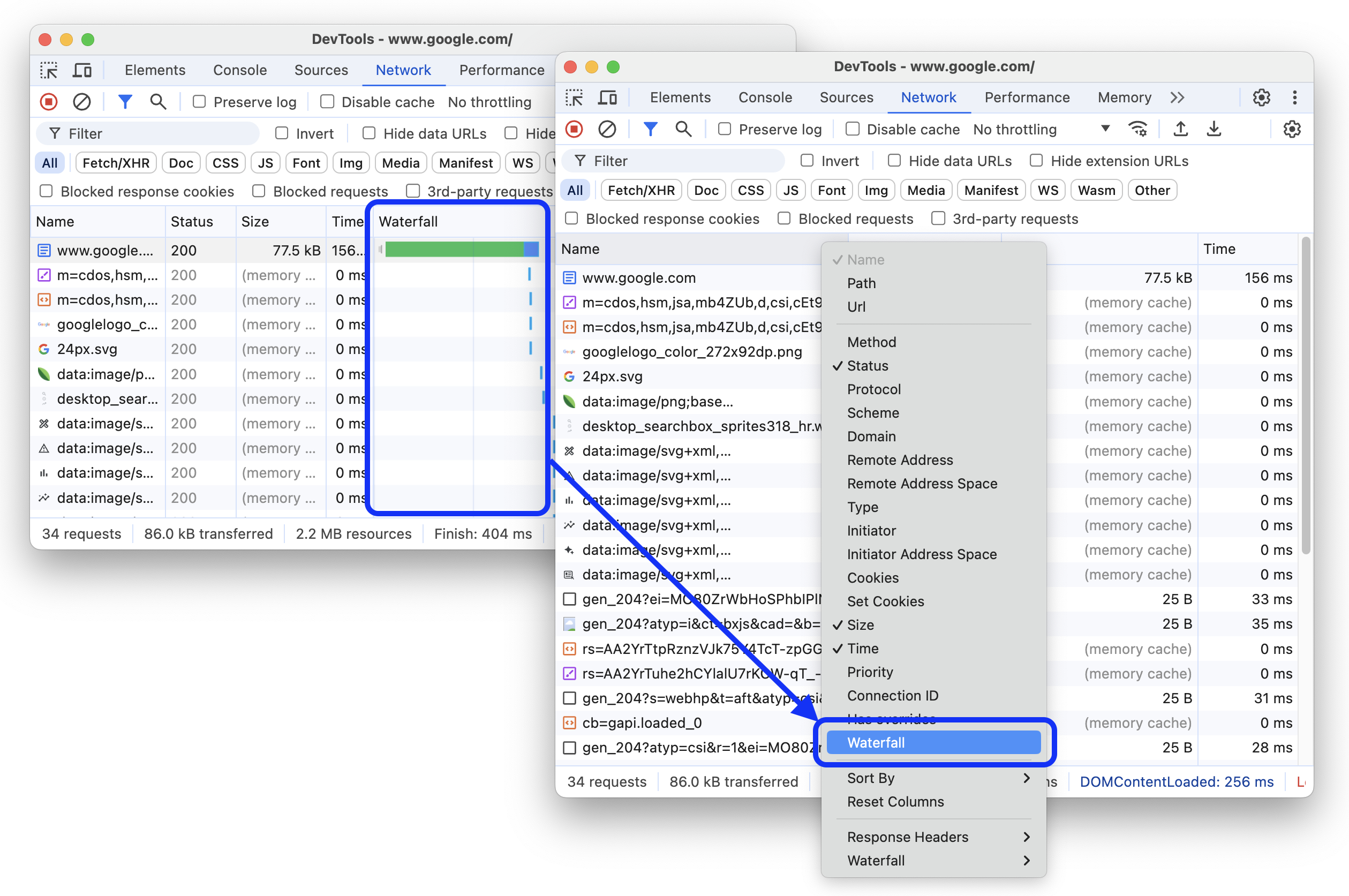 ウォーターフォール列を非表示にするオプションを追加する前と後。