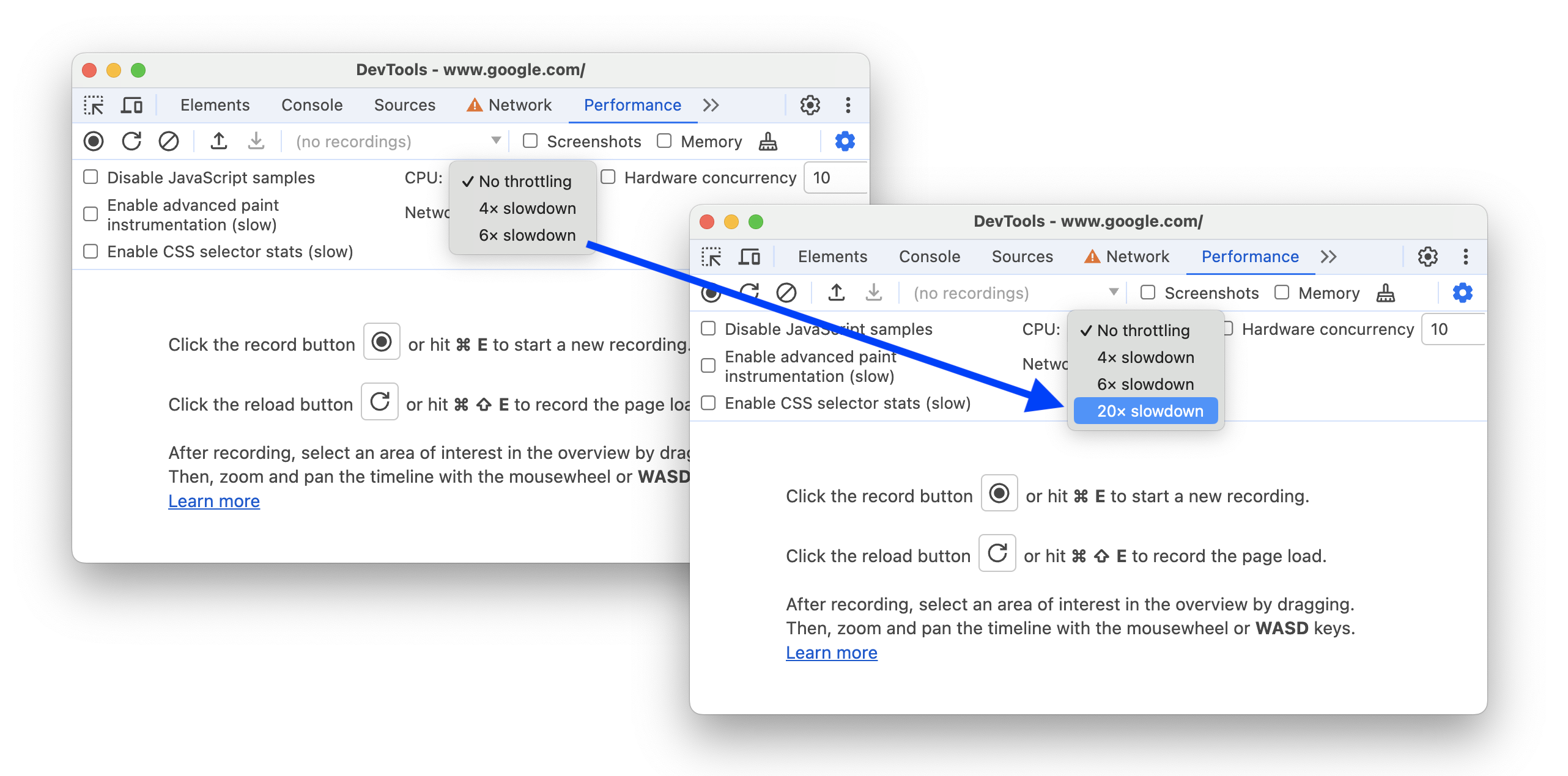 Antes e depois de adicionar a opção &quot;20x slowdonw&quot; às &quot;Configurações de captura&quot;.