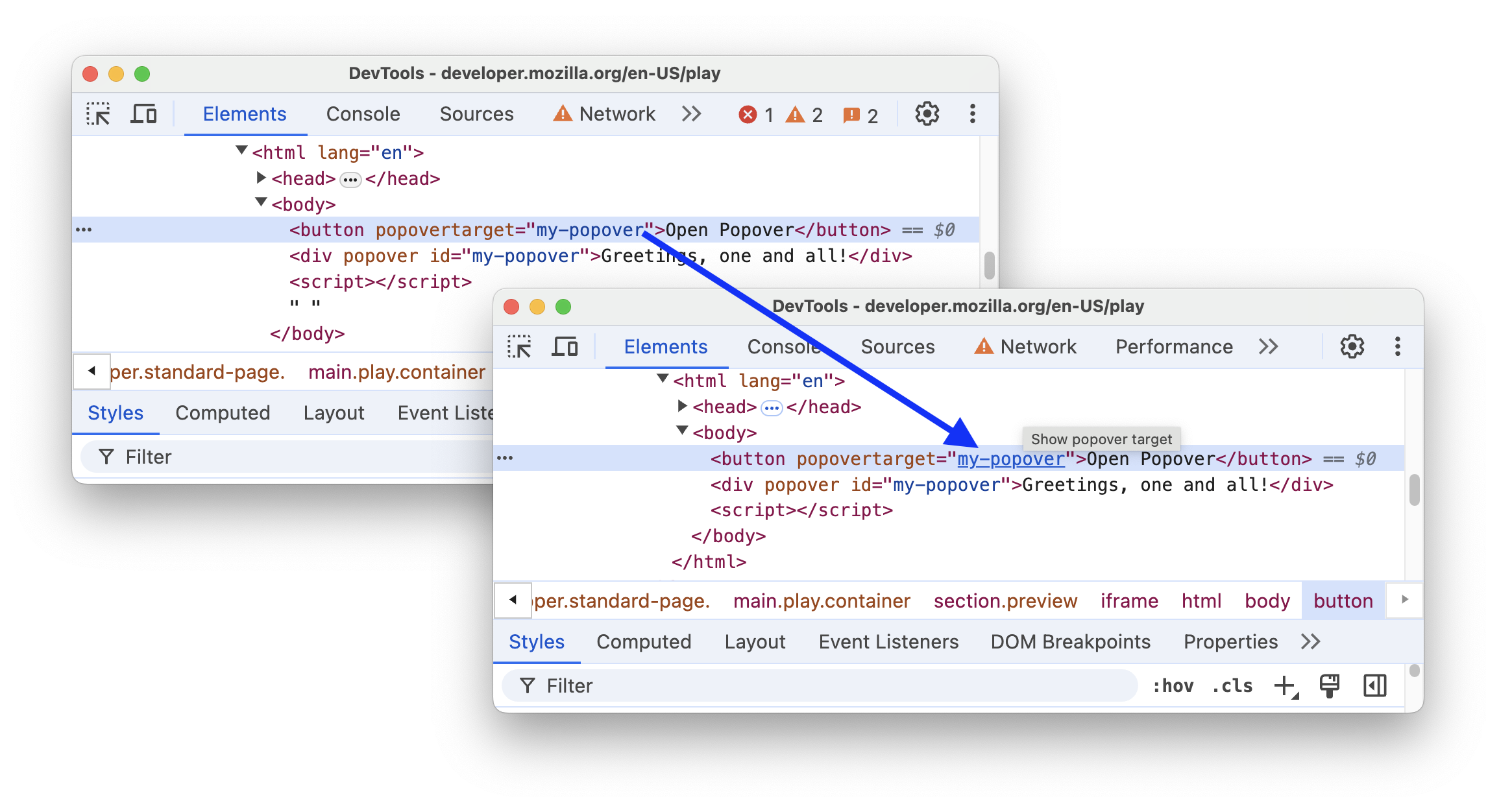 L&#39;elemento popovertarget prima e dopo il collegamento al relativo elemento popover.