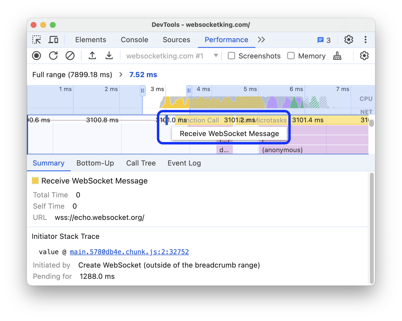 성능 트레이스에 캡처된 &#39;WebSocket 메시지 수신&#39; 이벤트