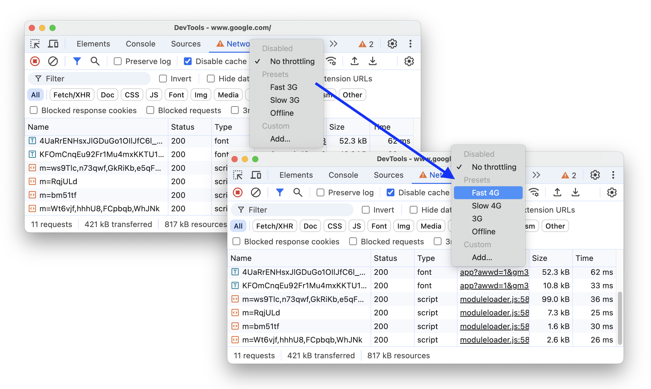 ネットワーク スロットリング プリセットの更新前と更新後。