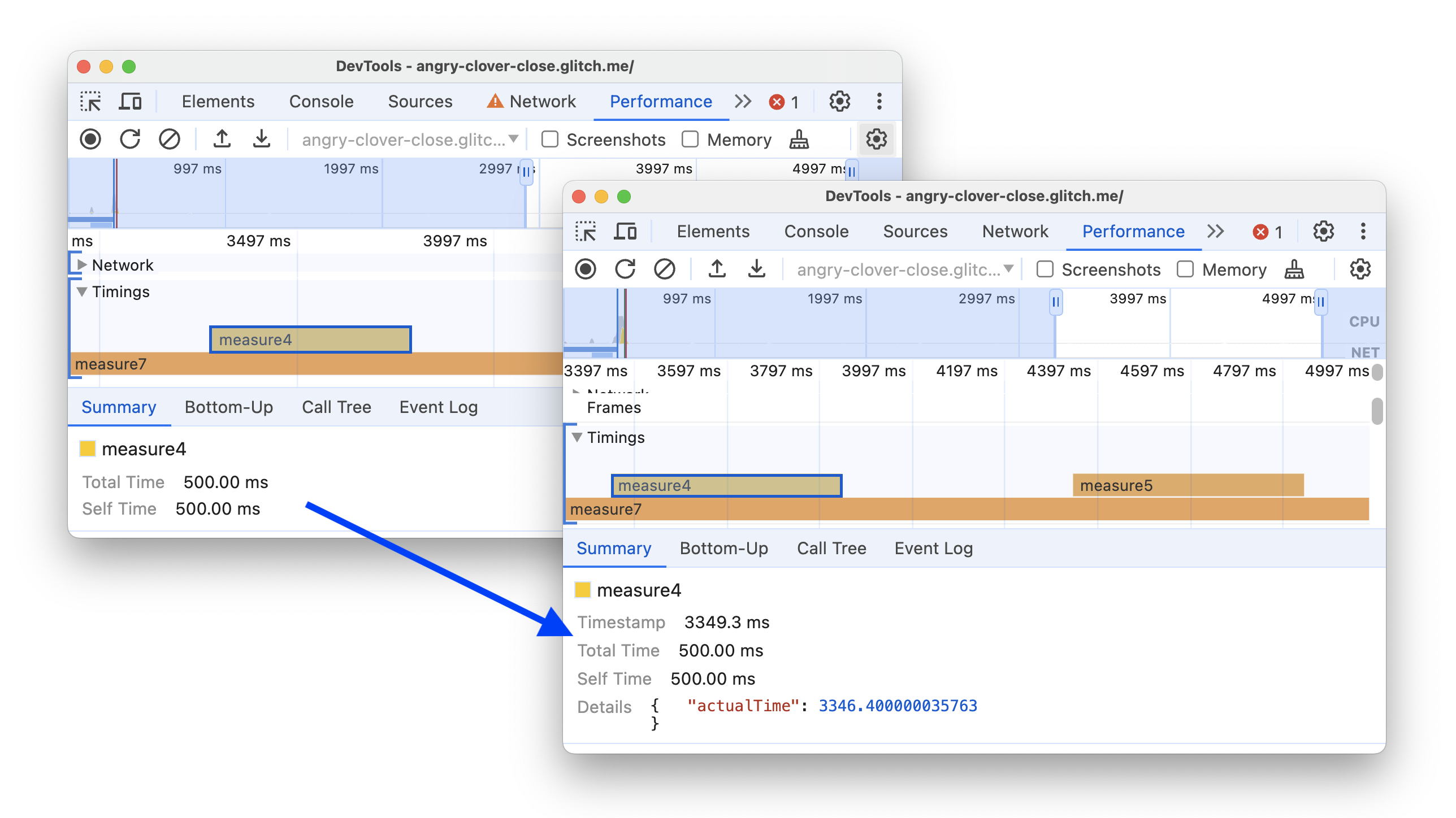 Événement personnalisé dans le canal &quot;Timings&quot; avec un code temporel et des détails.