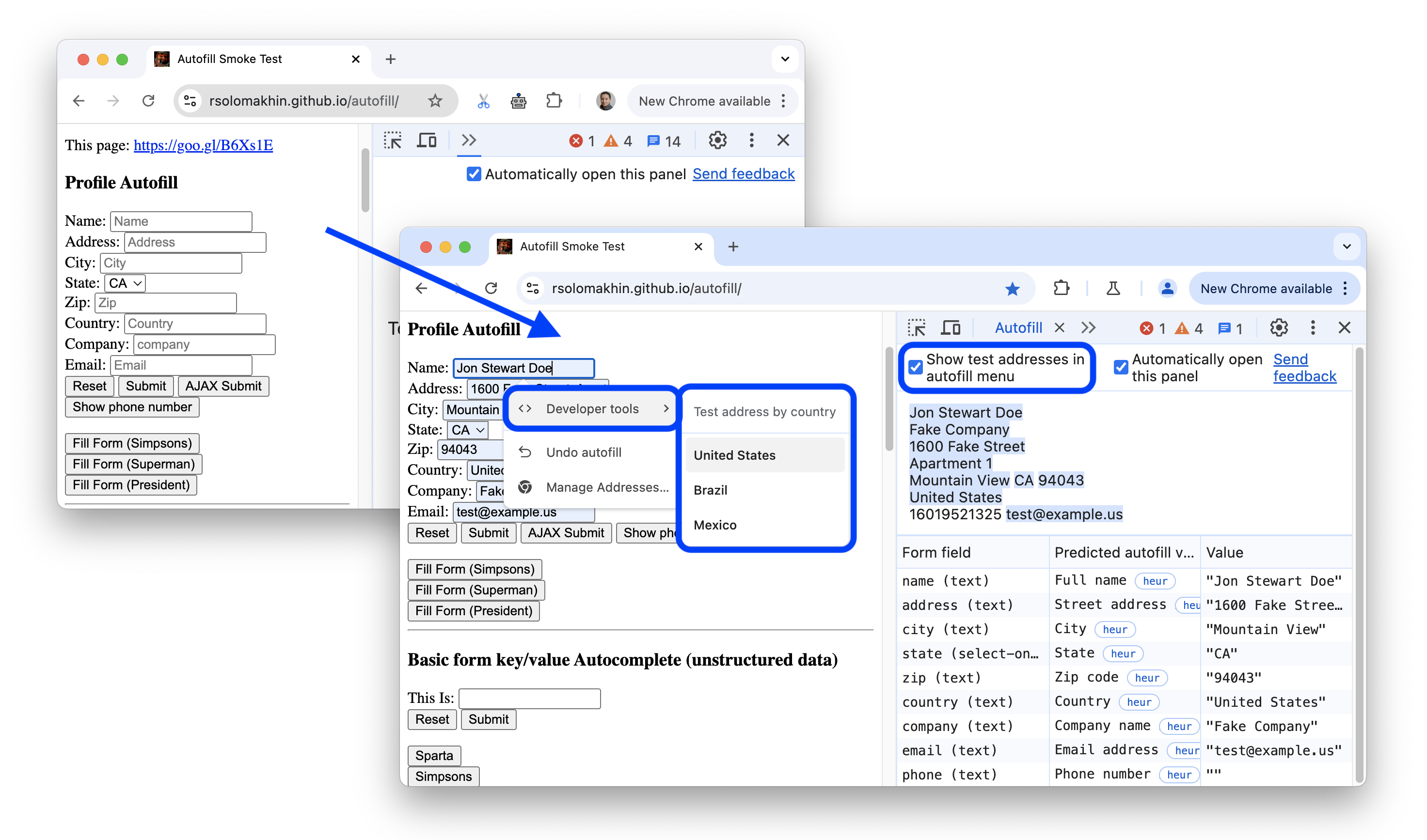 Sebelum dan sesudah menambahkan opsi data pengujian Isi Otomatis ke menu drop-down kolom formulir alamat.