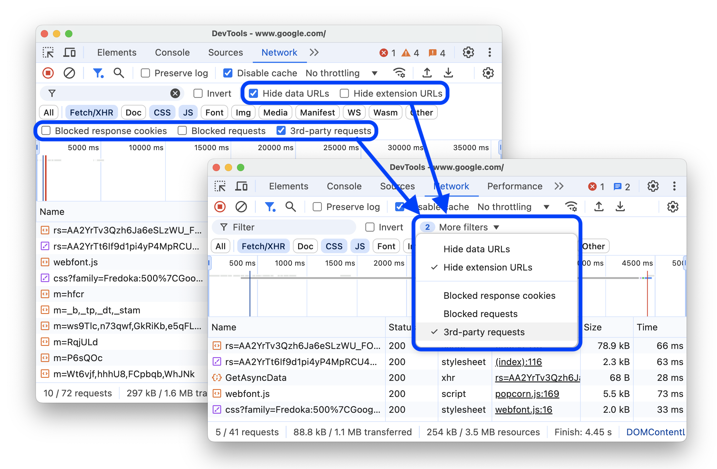 Sebelum dan sesudah memindahkan filter terkait sembunyikan, blokir, dan pihak ketiga ke dalam menu drop-down.