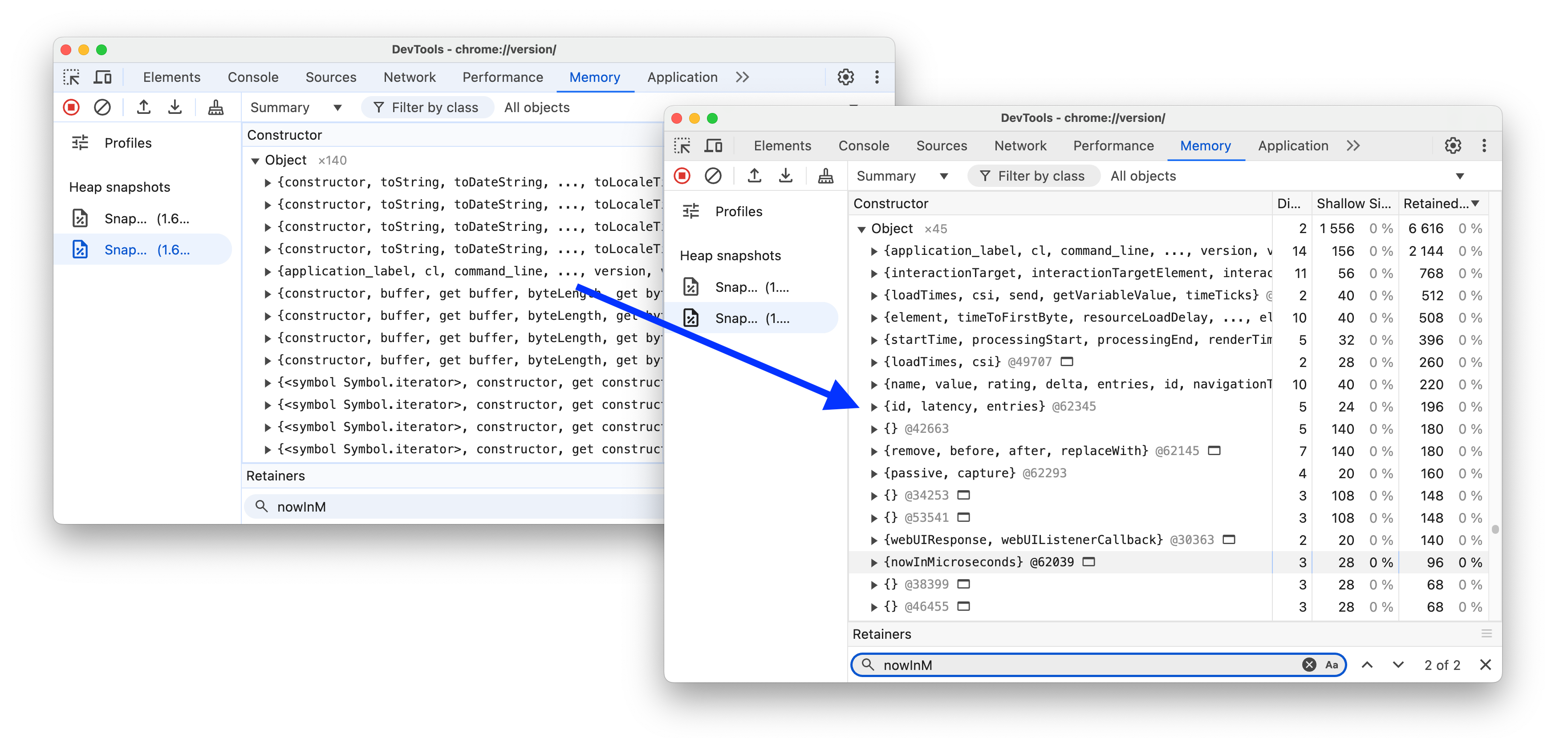 Prima e dopo l&#39;organizzazione della categoria Oggetto negli snapshot dell&#39;heap.