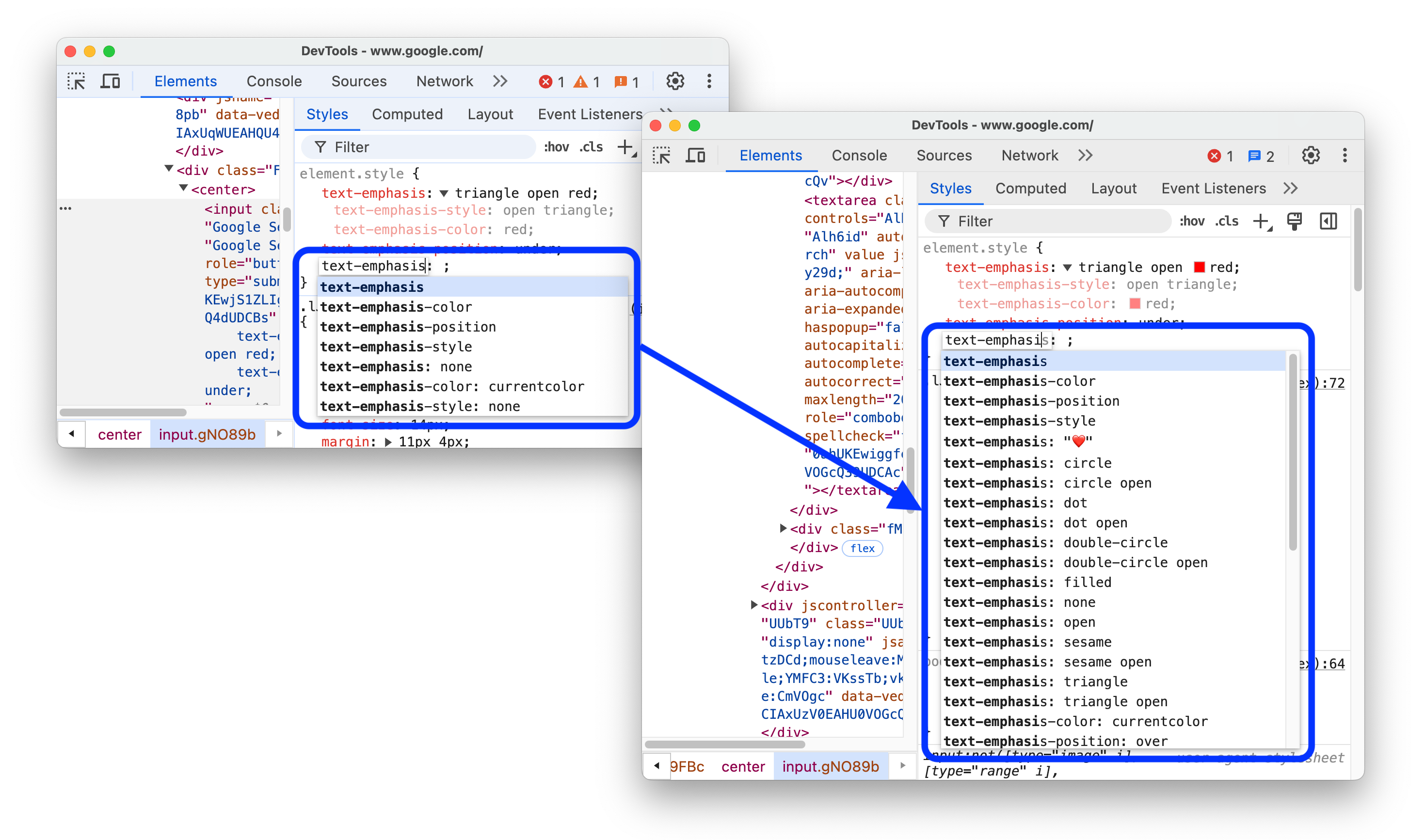 「text-emphasis-*」プロパティの自動入力オプションを追加する前と後。