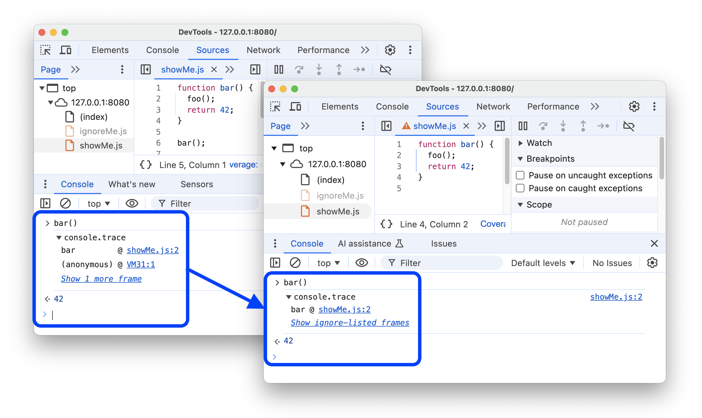 The before and after improving ignore listing in stack traces.