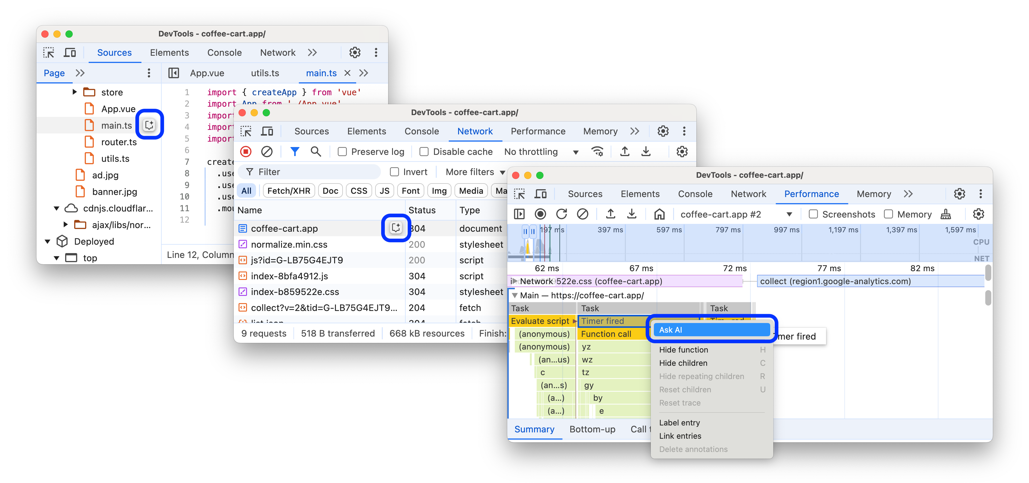 הלחצנים והאפשרות בתפריט של Ask AI בקטע &#39;רשת&#39;, &#39;מקורות&#39; ו&#39;ביצועים&#39;.