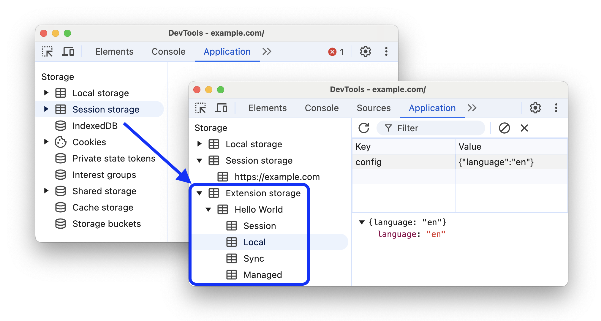 The before and after adding the 'Extension storage' section to the Application panel.