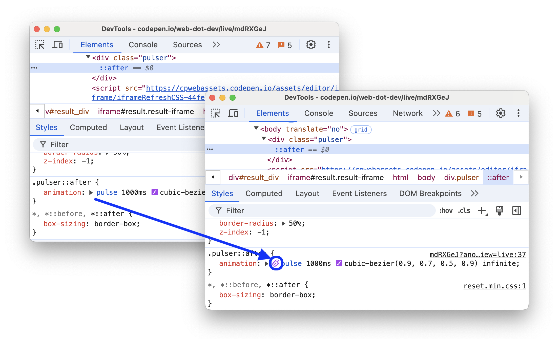 Antes e depois de adicionar um link da guia &quot;Estilo&quot; ao painel &quot;Animações&quot;.