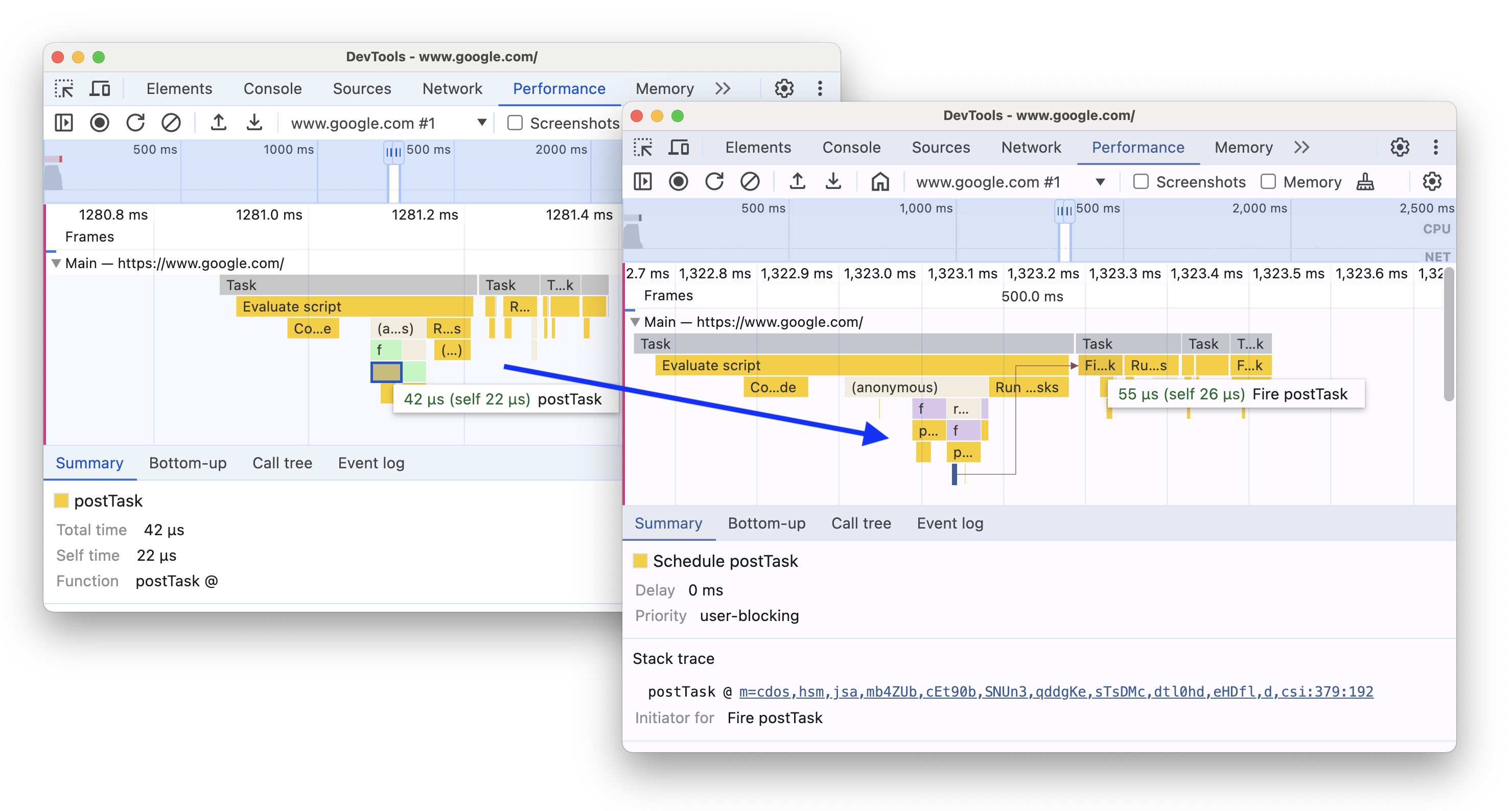 新增支援 scheduler.postTask 事件和其啟動箭頭前後的畫面。