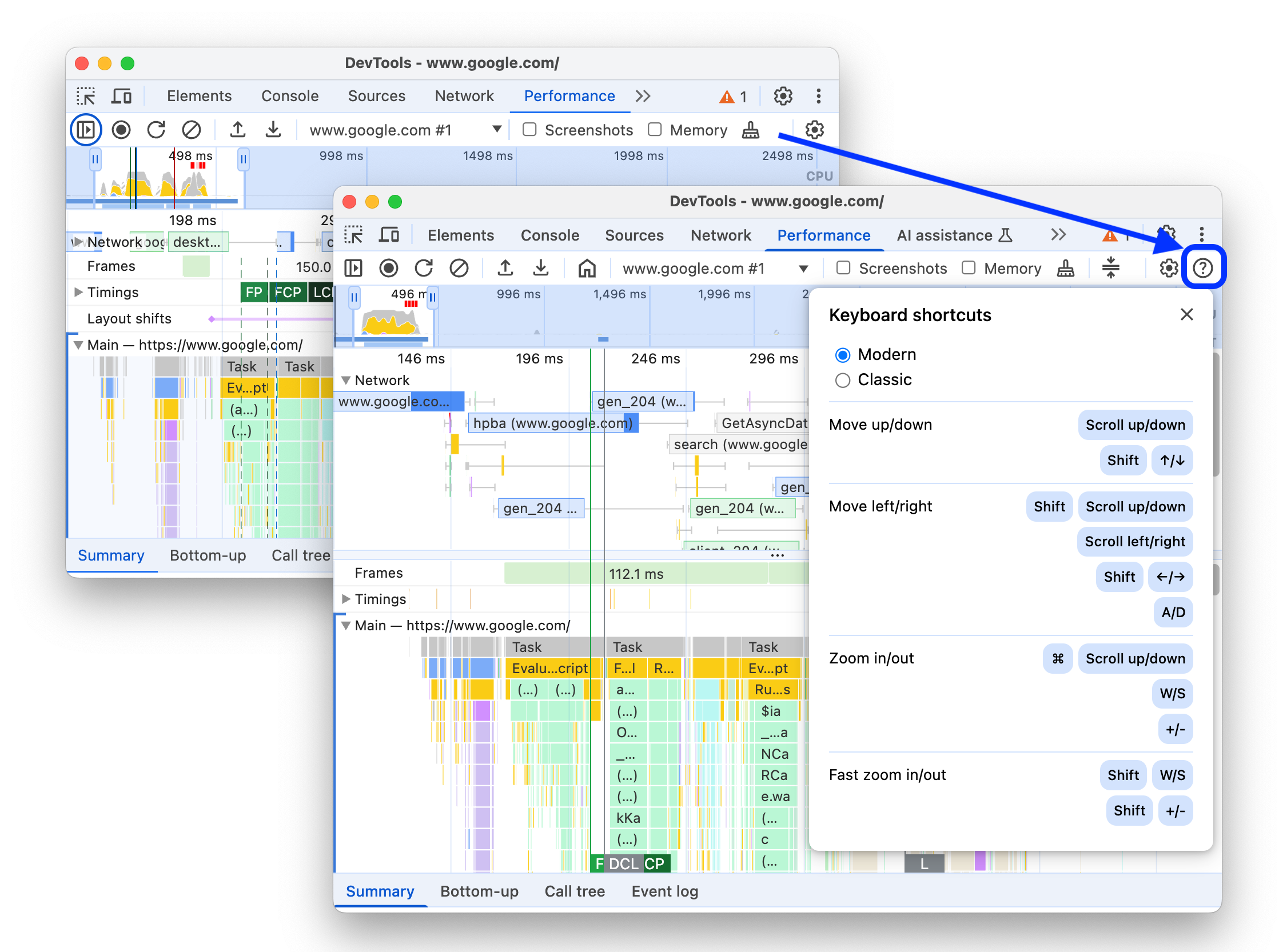 Dialog pintasan dengan pintasan yang tersedia untuk panel Performa.