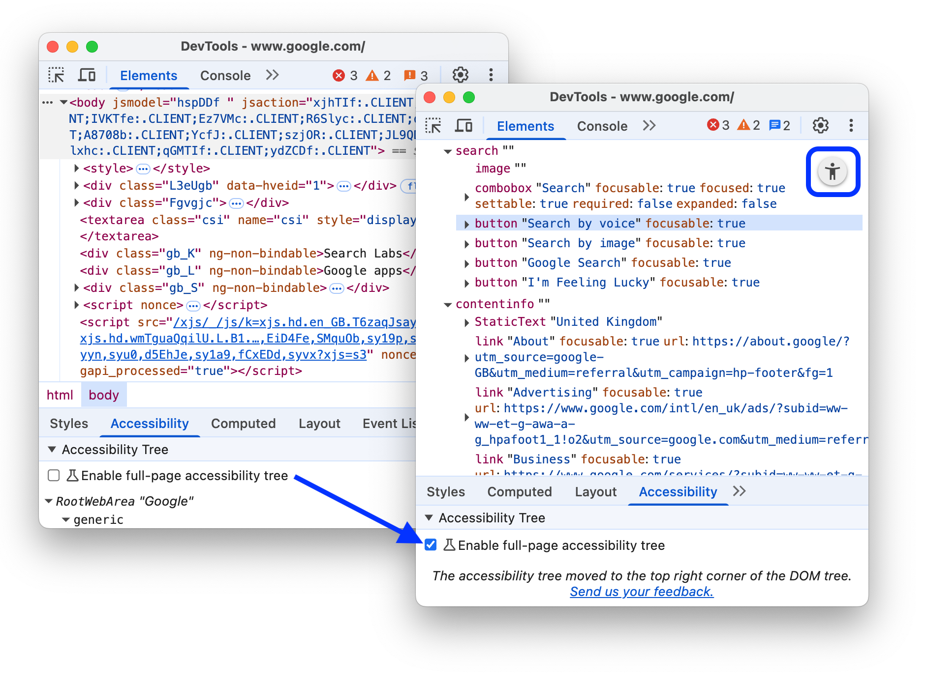 The before and after turning on the full-page accessibility tree view by default .