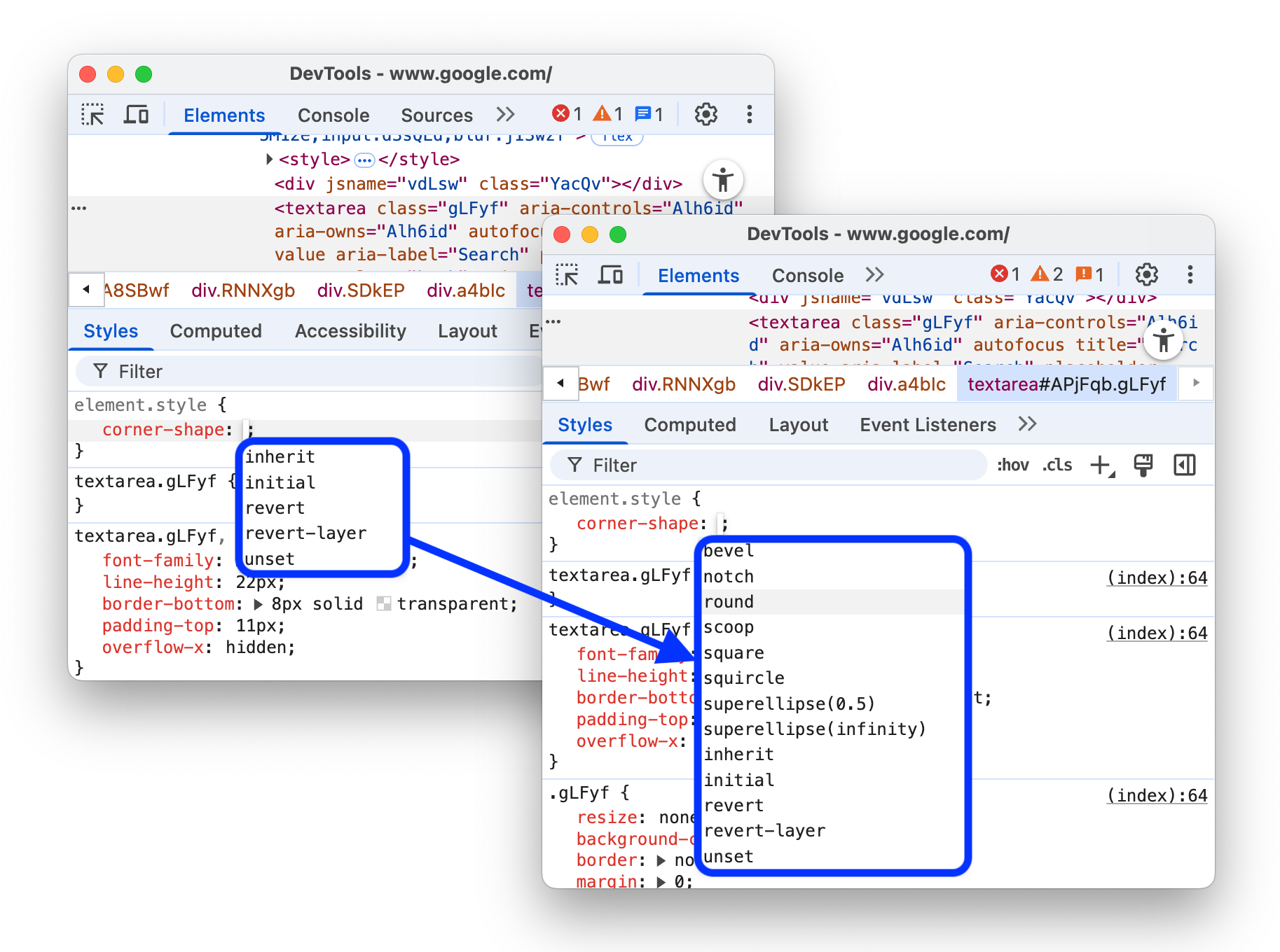 'corner-shape' বৈশিষ্ট্যের জন্য স্বয়ংক্রিয়ভাবে সম্পূর্ণ হওয়ার বিকল্পগুলি।