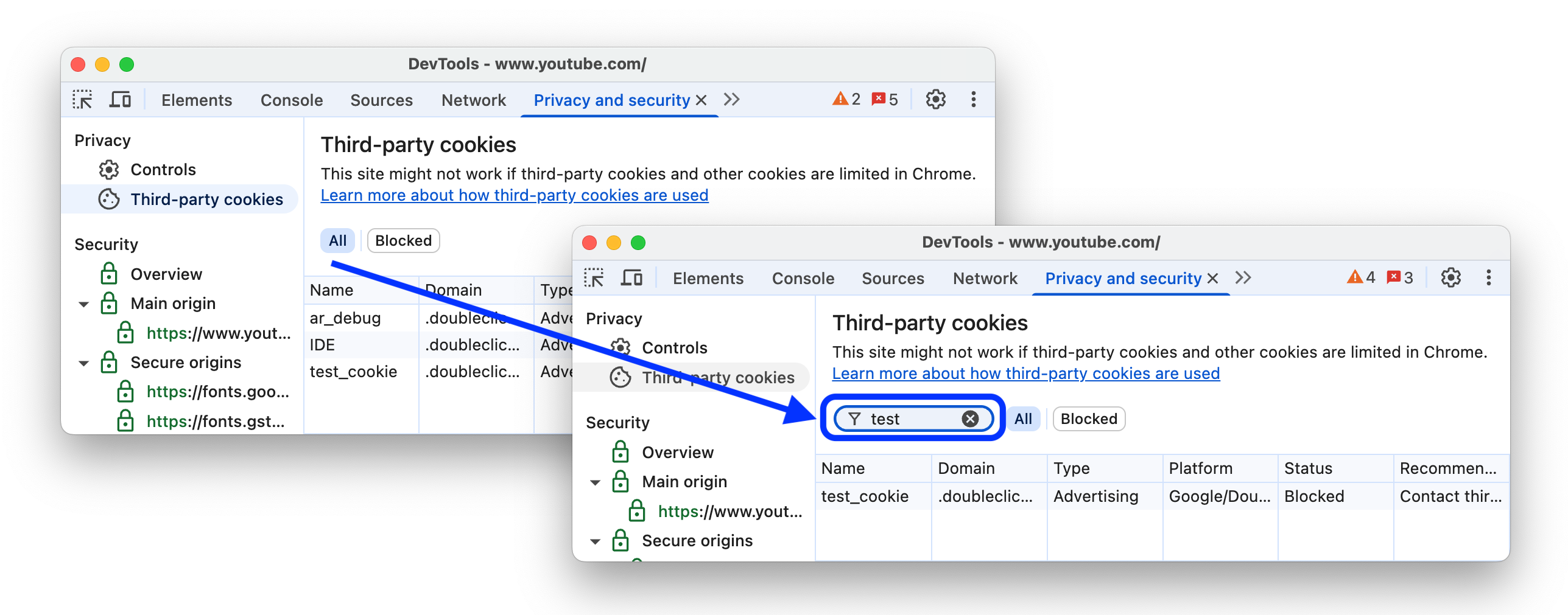 فیلتر موجود در جدول «کوکیهای شخص ثالث».