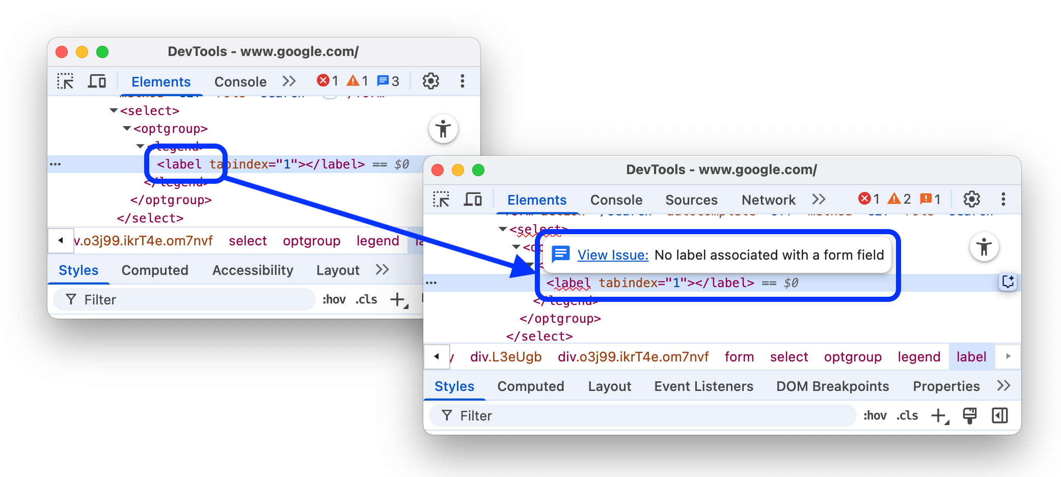 The before and after highlighting a DOM issue in the DOM tree with a tooltip and a link to the Issues panel.