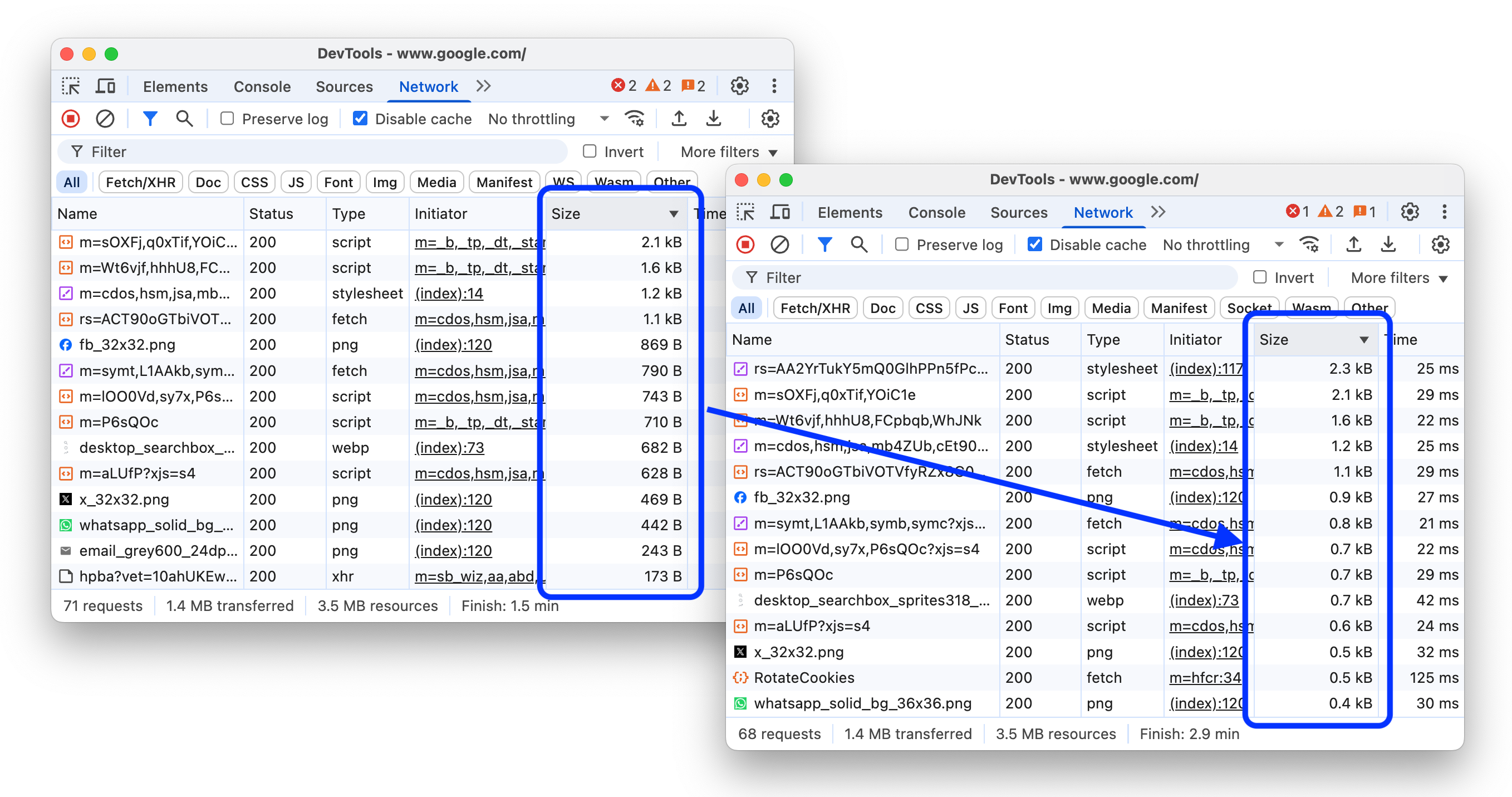До и после унификации единиц размера.