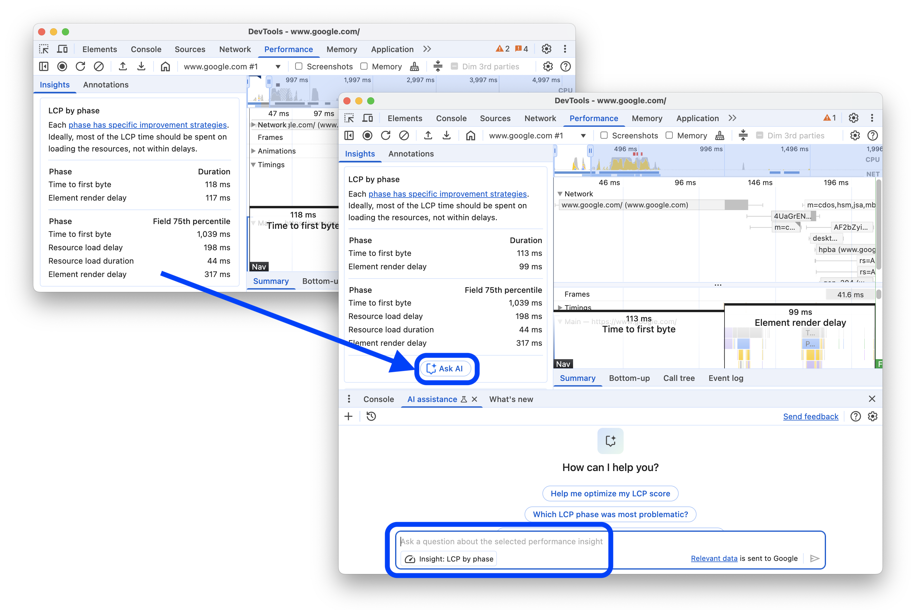 תצוגה של תובנה בחלונית 'ביצועים' לפני ואחרי הוספת הלחצן 'שאלת שאלות ל-AI'.