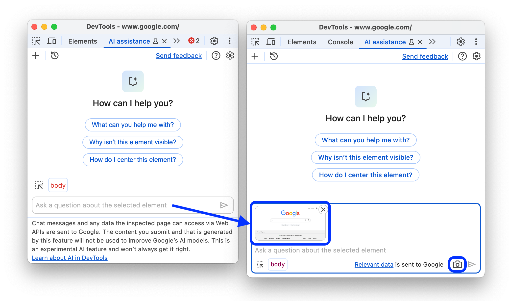 Przed i po dodaniu przycisku „Zrób zrzut ekranu” do panelu „Pomoc AI”.