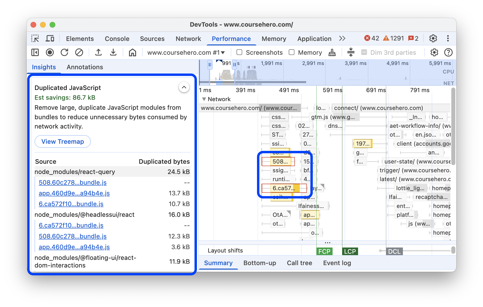 Thông tin chi tiết "JavaScript trùng lặp" trong bảng điều khiển Hiệu suất.