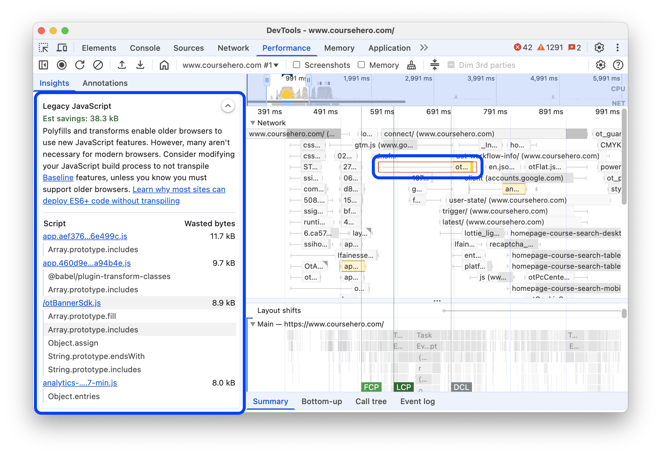 Insight "Ancien JavaScript" dans le panneau "Performances".