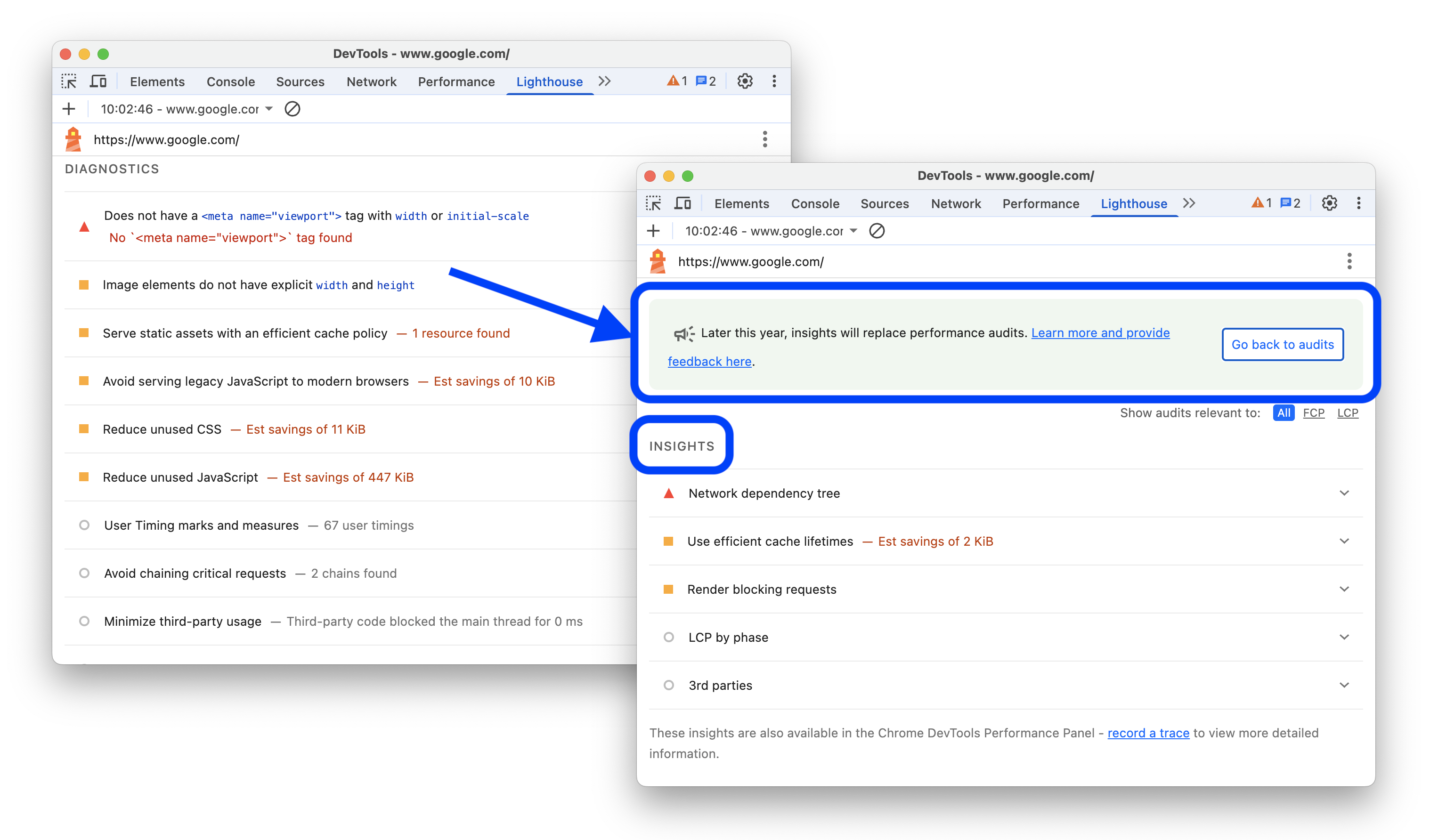 The before and after adding the option to switch to insights in a Lighthouse report.